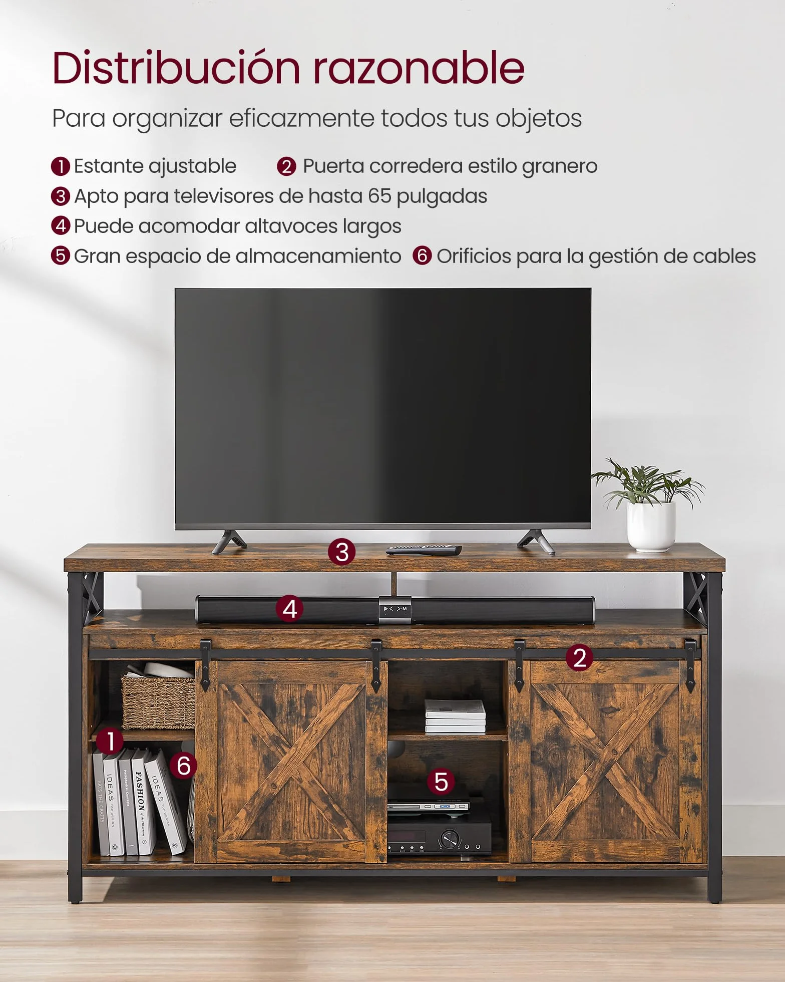 VASAGLE Mueble para TV, Soporte para TV de 65 Pulgadas, con Estantes Ajustables, Puertas de Granero, Diseño de Granja, Marco de Metal, Marrón Rústico y Negro LTV071B01V1