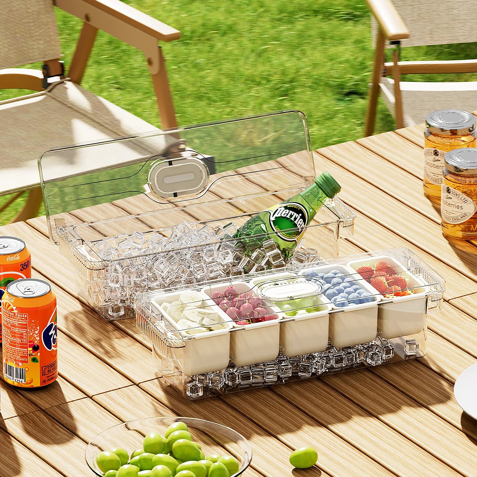Fangoo Condimentos Refrigerados Organizador con Tapa con 5 Compartimentos 5 tenedores y 2 clips extraíbles en Hielo Bandeja Condimentos Refrigerada Viene para bar de ensalada Buffetes de pizza