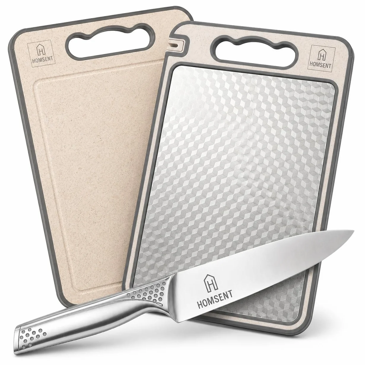 HOMSENT Set Cuchillo Chef 8" + Tabla Cortar Doble Cara Acero Inoxidable 304 Antideslizante Afilador Integrado