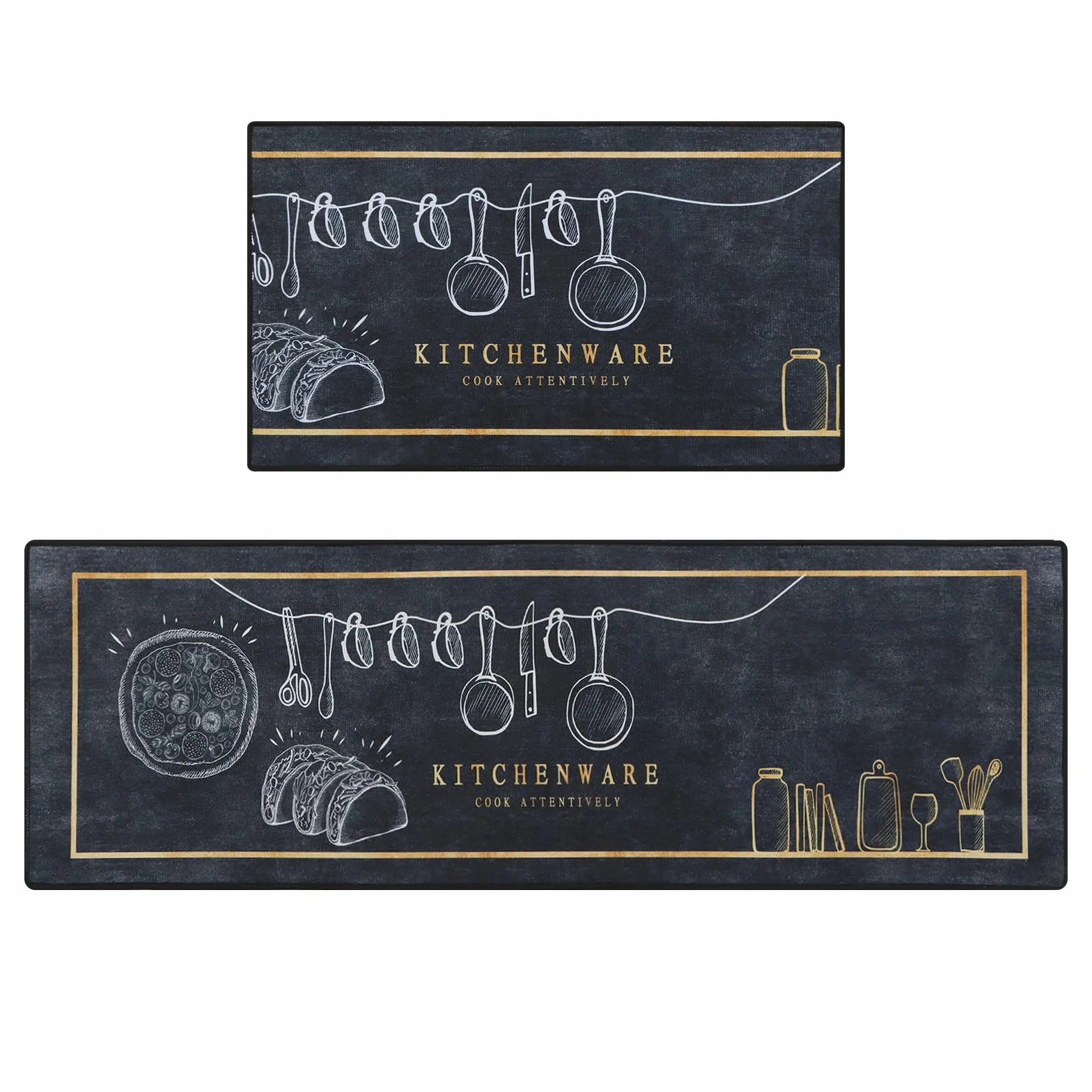 Juego de alfombras de Cocina,2 Piezas Antideslizantes Lavables Alfombrillas de Cocina y alfombras Runner Set,Lavable alfombras de Piso,Negro,40x60+40x120cm