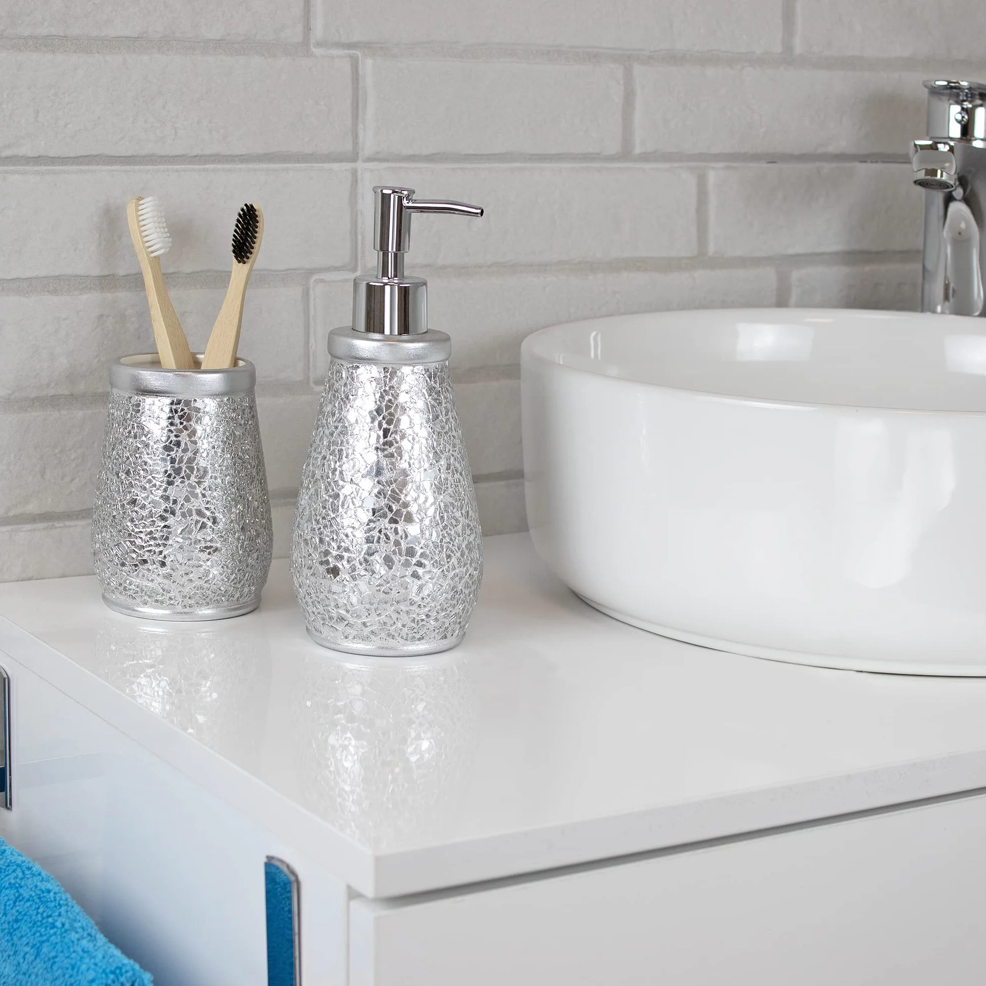 Vaso Cepillo Dientes Baño Serie Trencadis Plata Resina Cristal 8 cm x 12 cm