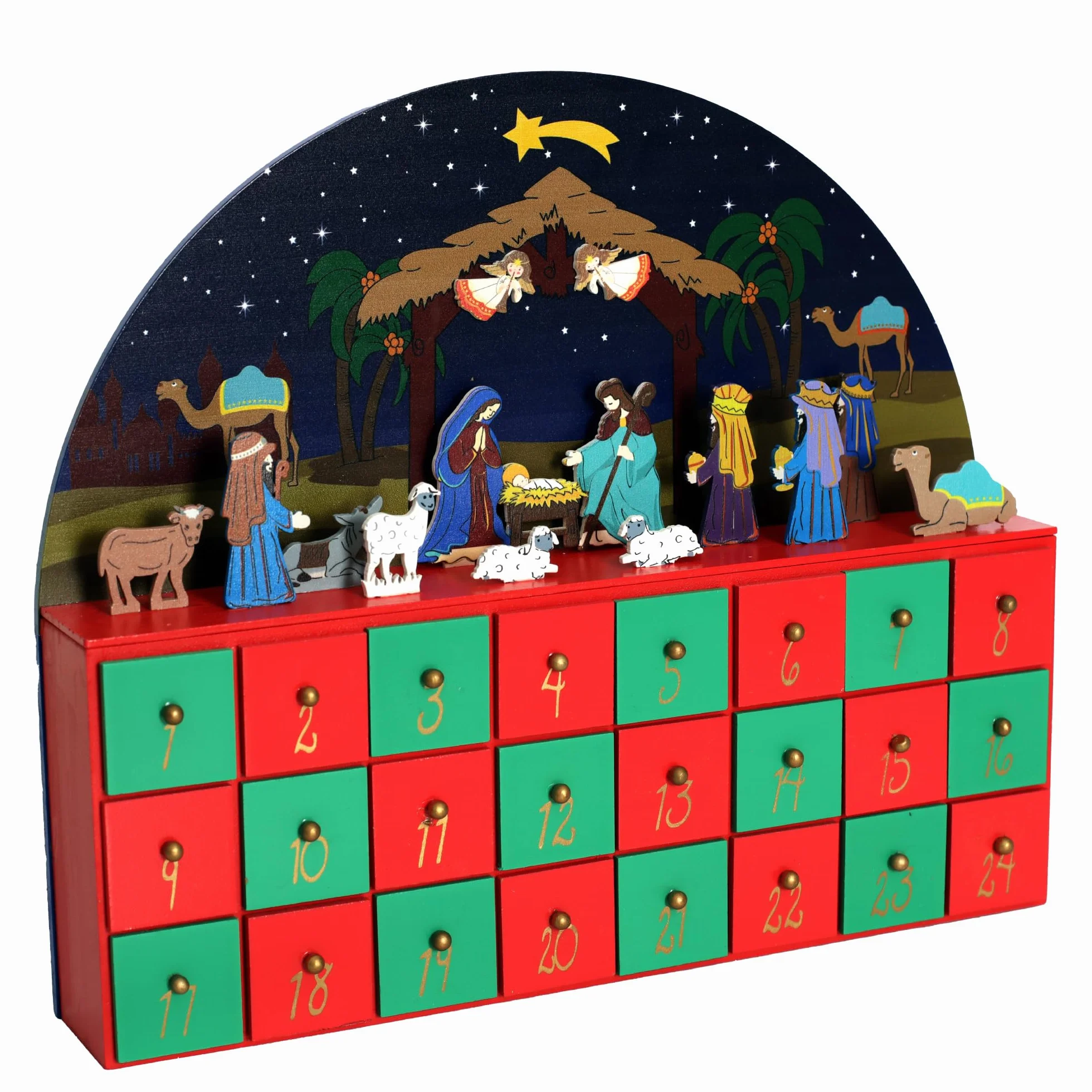 PE Caja de calendario de Adviento de madera de Navidad, belén, decoración de mesa, cuenta regresiva, regalos de vacaciones, decoración del hogar para adultos y niños