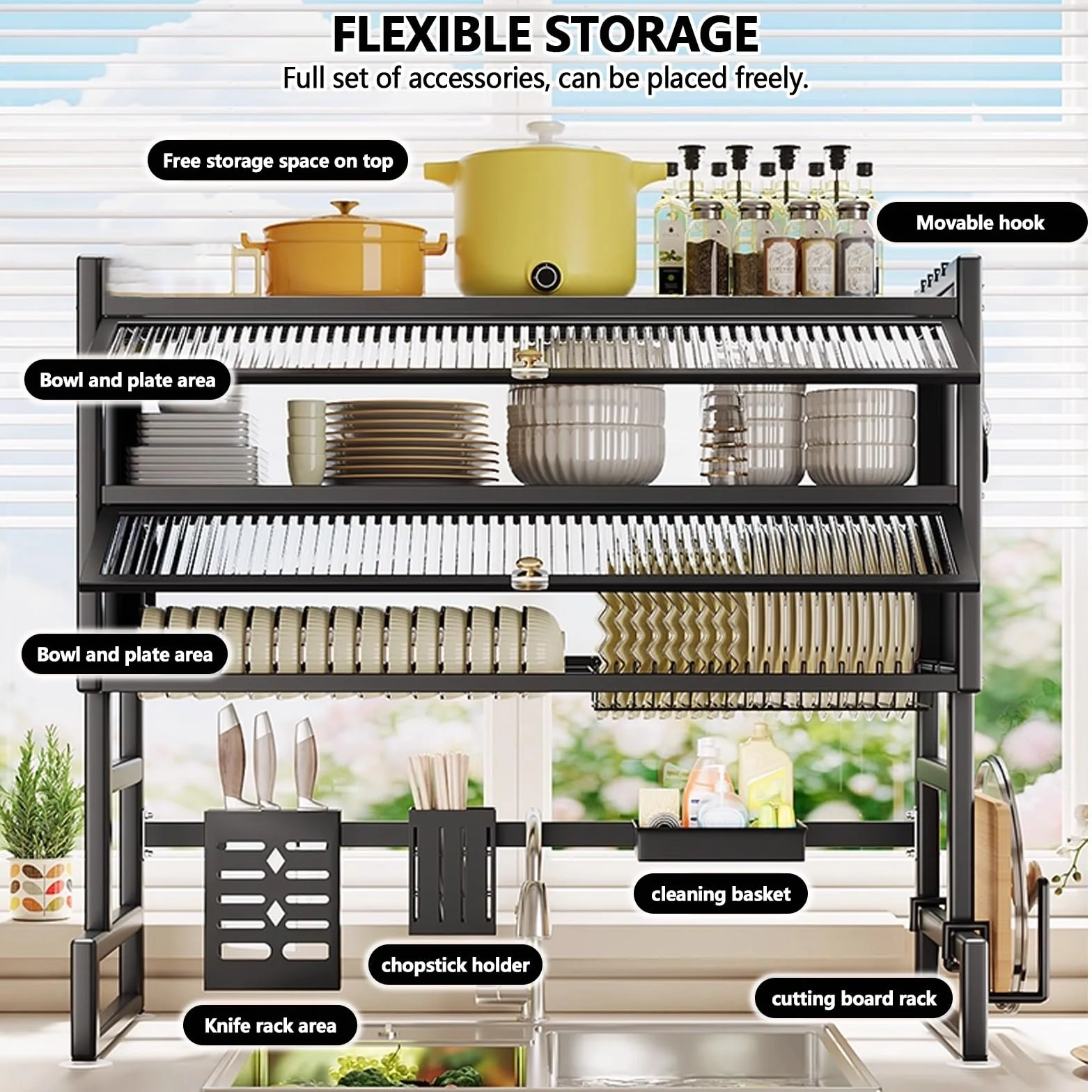 Doble capa Gran capacidad cocina escurreplatos, cocina encimera platos organizador, fregadero escurridor de platos, cubiertos escurreplatos para fregadero sobre.(95cm)