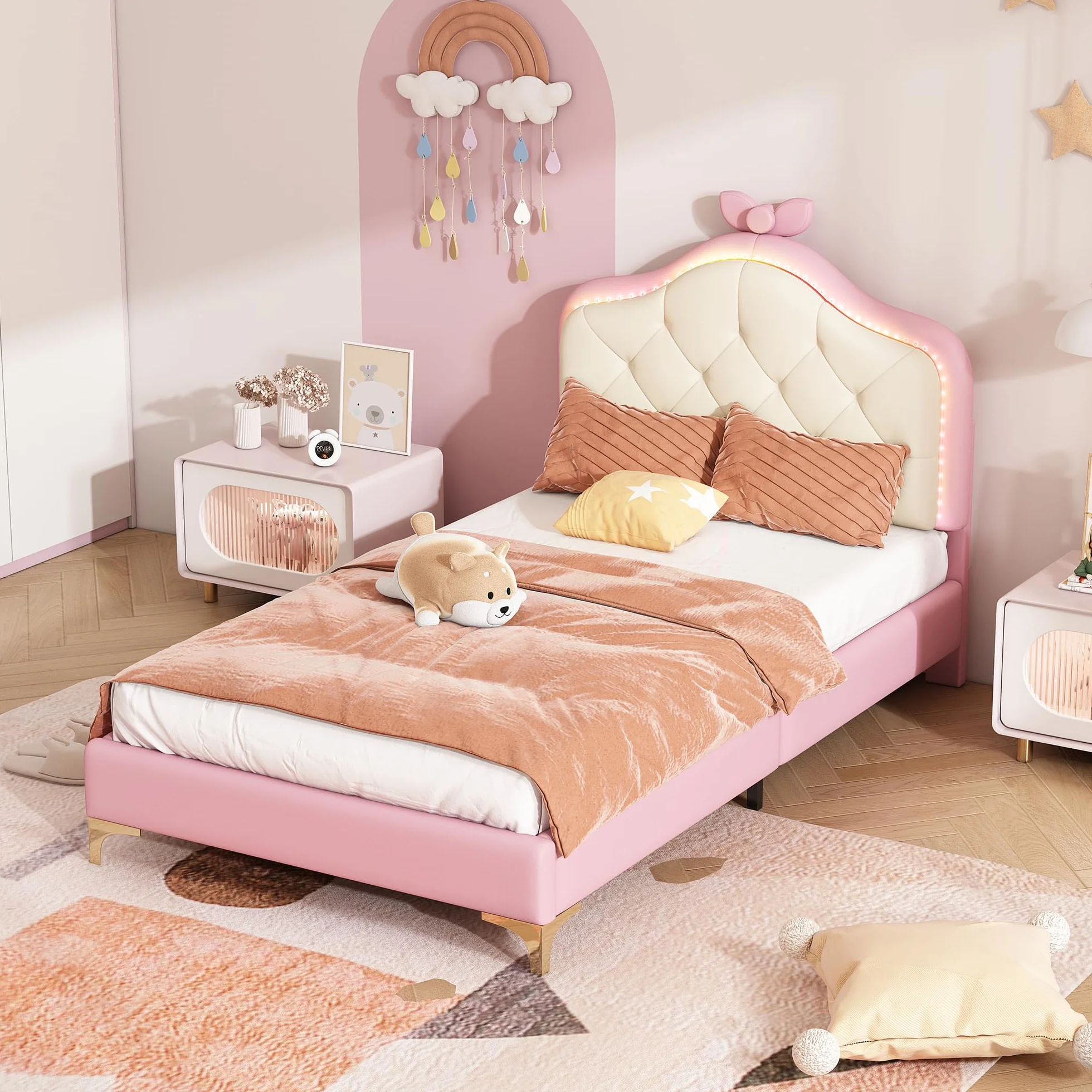 Cama tapizada mágica de princesa: rosa y blanco, 90 x 200 cm, cabecero con forma de nube con lazo y tiras LED, piel sintética, cama individual para niñas, ideal para habitación infantil con somier de