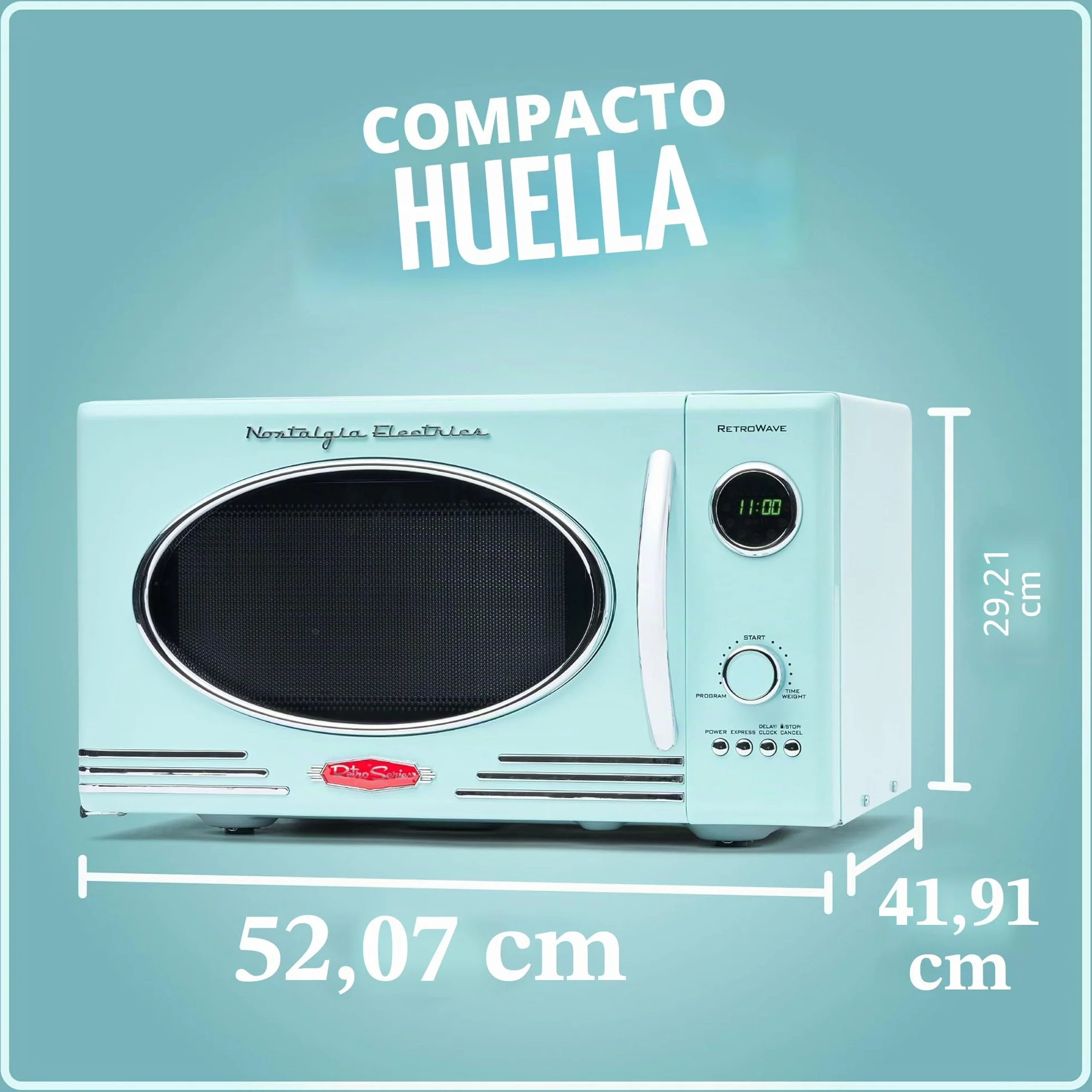 Nostalgia Microondas Retro de Encimera - Gran Potencia de 800 Vatios - 25 Litros - 12 Programas de Cocción Preestablecidos - Reloj Digital - Electrodomésticos de Cocina - Aguamarina