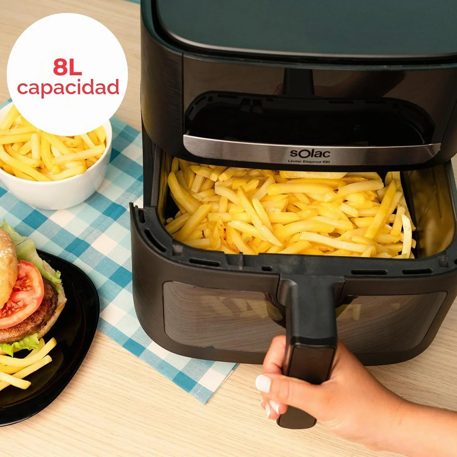 Solac - Air Fryer Leviter Elegance E80 | 1800W 8L | Pantalla Táctil | 8 Programas Automáticos | Temperatura Ajustable y Temporizador | Cocina Rápida | Apta para Lavavajillas | Negro