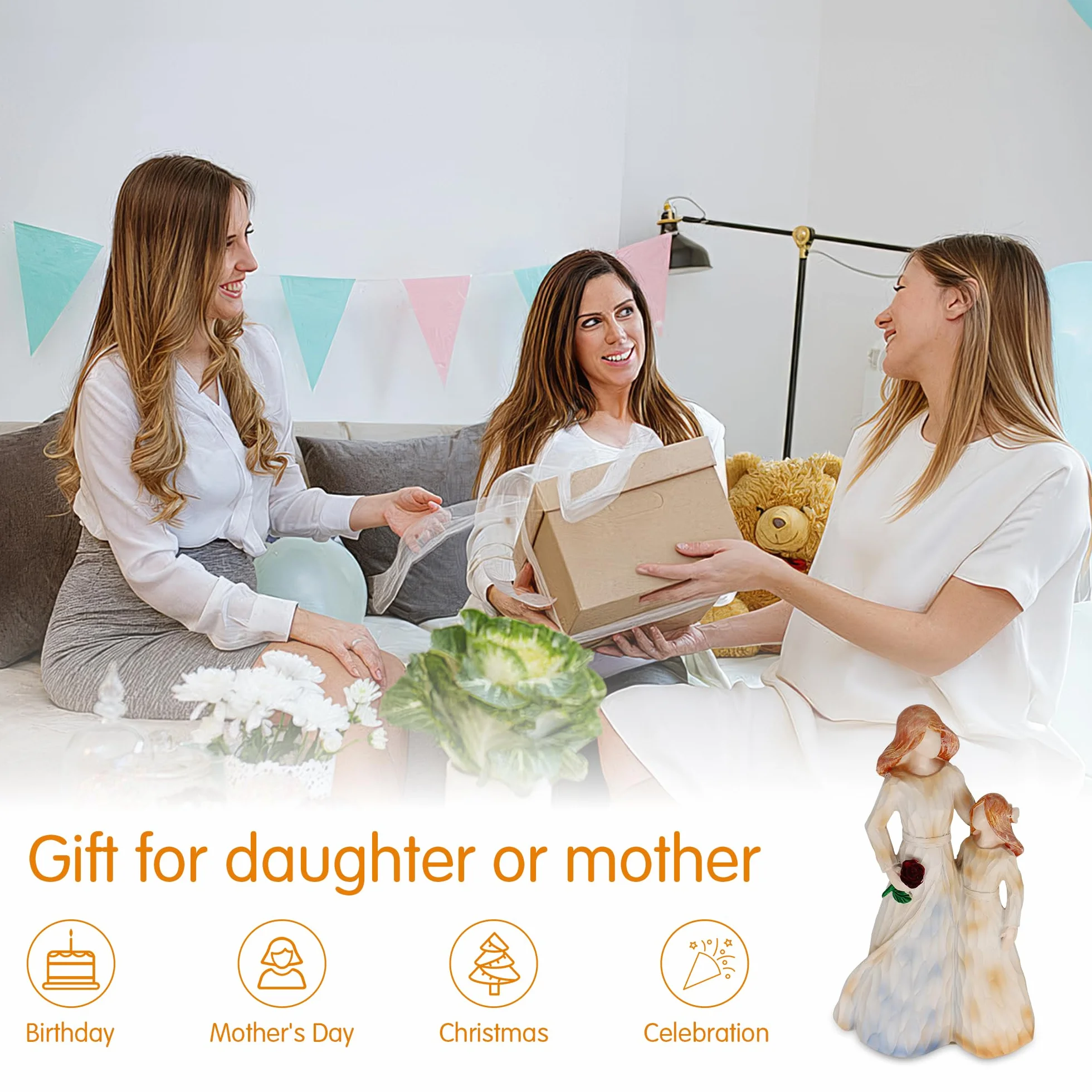 Figuras Creativas Madre e Hija: Madre sosteniendo Flores y Mano de la Niña, Regalo para Día de la Madre y Navidad