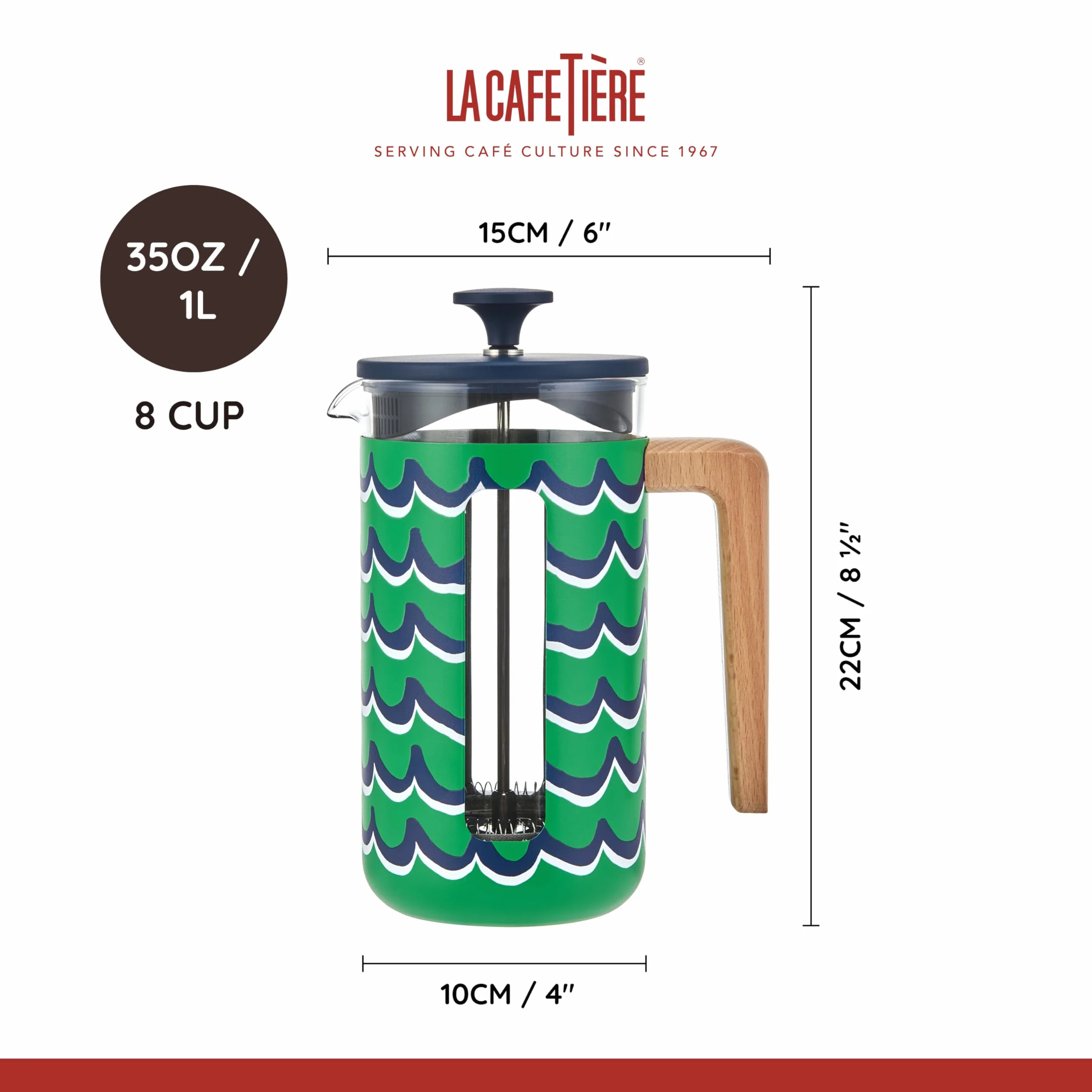 La Cafetière Pisa - Cafetera grande de prensa francesa con diseño de remolino, cafetera de cerámica resistente al calor de 1 L con émbolo de fácil agarre, té suelto y café molido, Cyan Tides