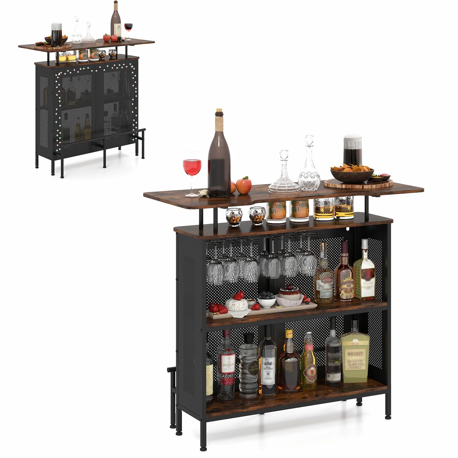 COSTWAY Mesa de Bar, Armario de Metal con 2 Estantes para Vino y 6 Soportes para Copas, Reposapiés y 7 Patas Ajustables, Mesa de Bar de Metal para Cocina Pub,120x50x106,5 cm (Rectangular Marrón)