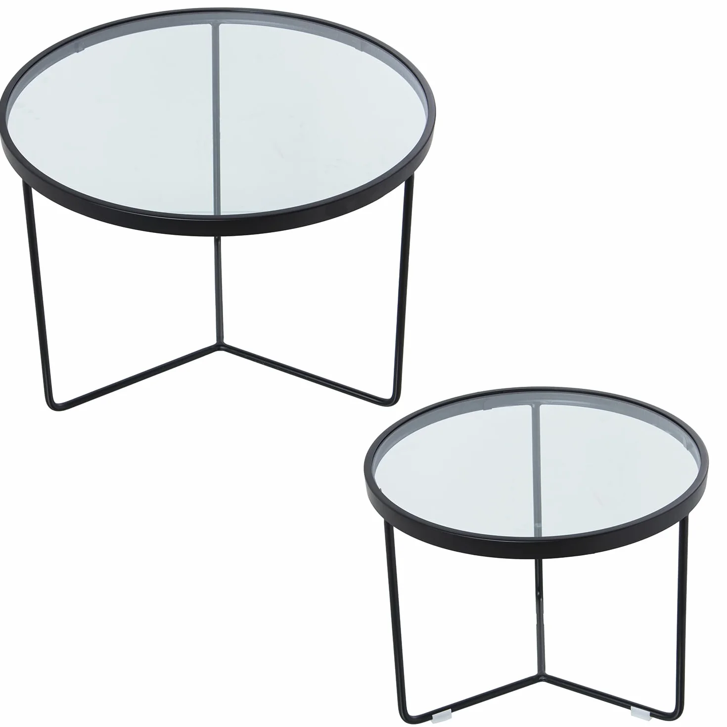 Set de 2 mesas Redondas de Metal y Cristal en Negro y Transparente 60x45 y 45x38cm