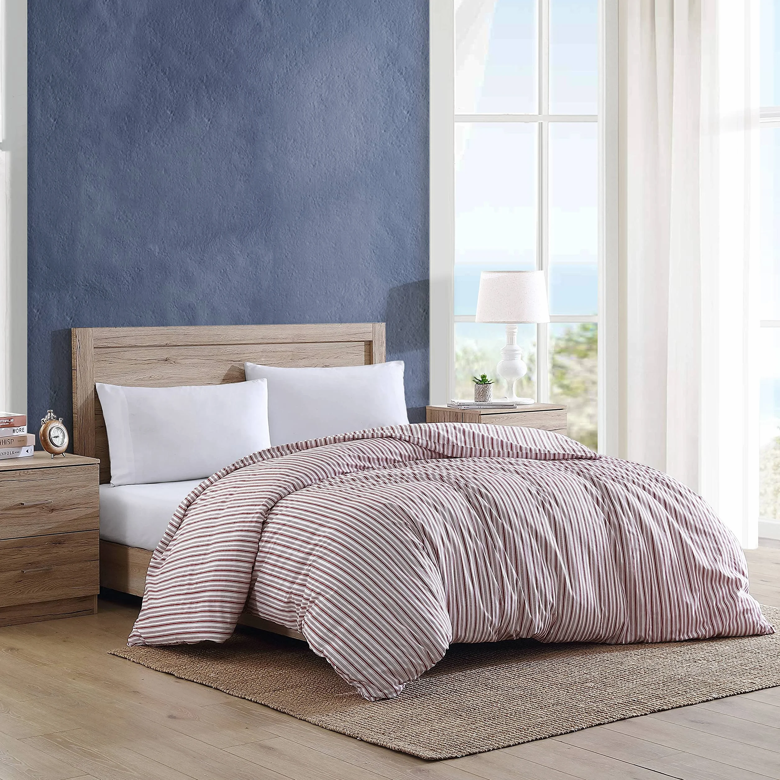Nautica - Funda de edredón tamaño Queen, Ropa de Cama Reversible de algodón con Cierre de botón, decoración Casual del hogar para Todas Las Estaciones (Coleridge Stripe Red, Queen)