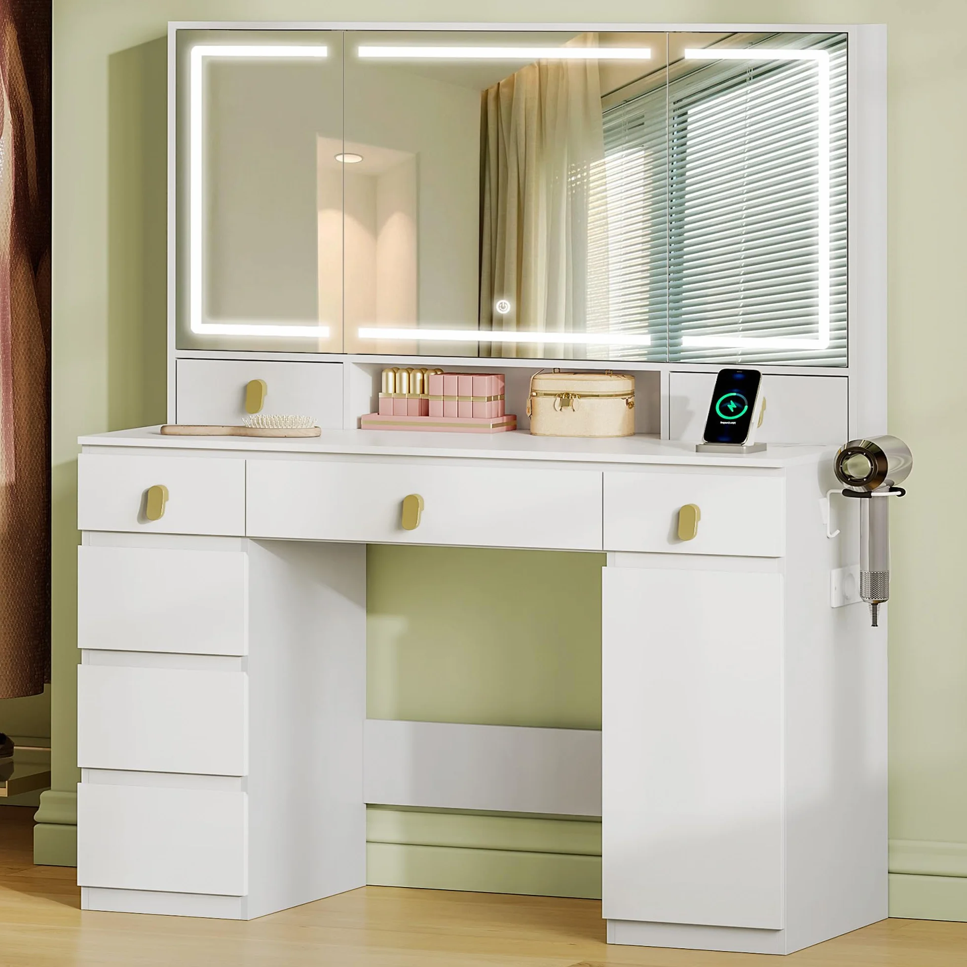 Hzuaneri Tocador Grande con Iluminación LED, 3 Colores, Brillo Ajustable, Tocador de Maquillaje con Espejo, con Enchufe y Soporte para Secador, 8 Cajones, 1 Casilleras, Blanco DT42003XEU