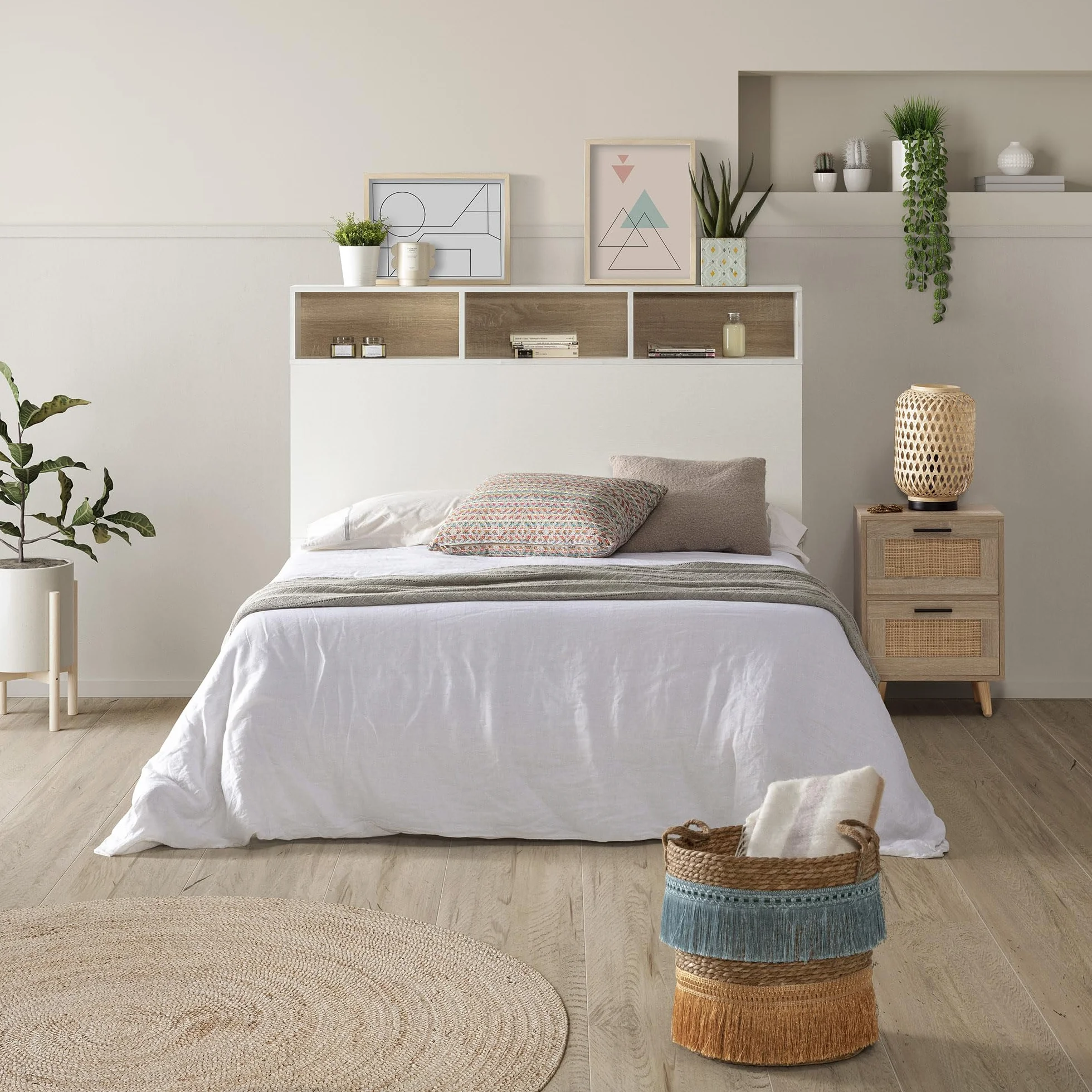 HOMN LIVING Cabecero de Cama Zeus 165 cm con almacenaje Blanco, 2 Puertas 9 Huecos