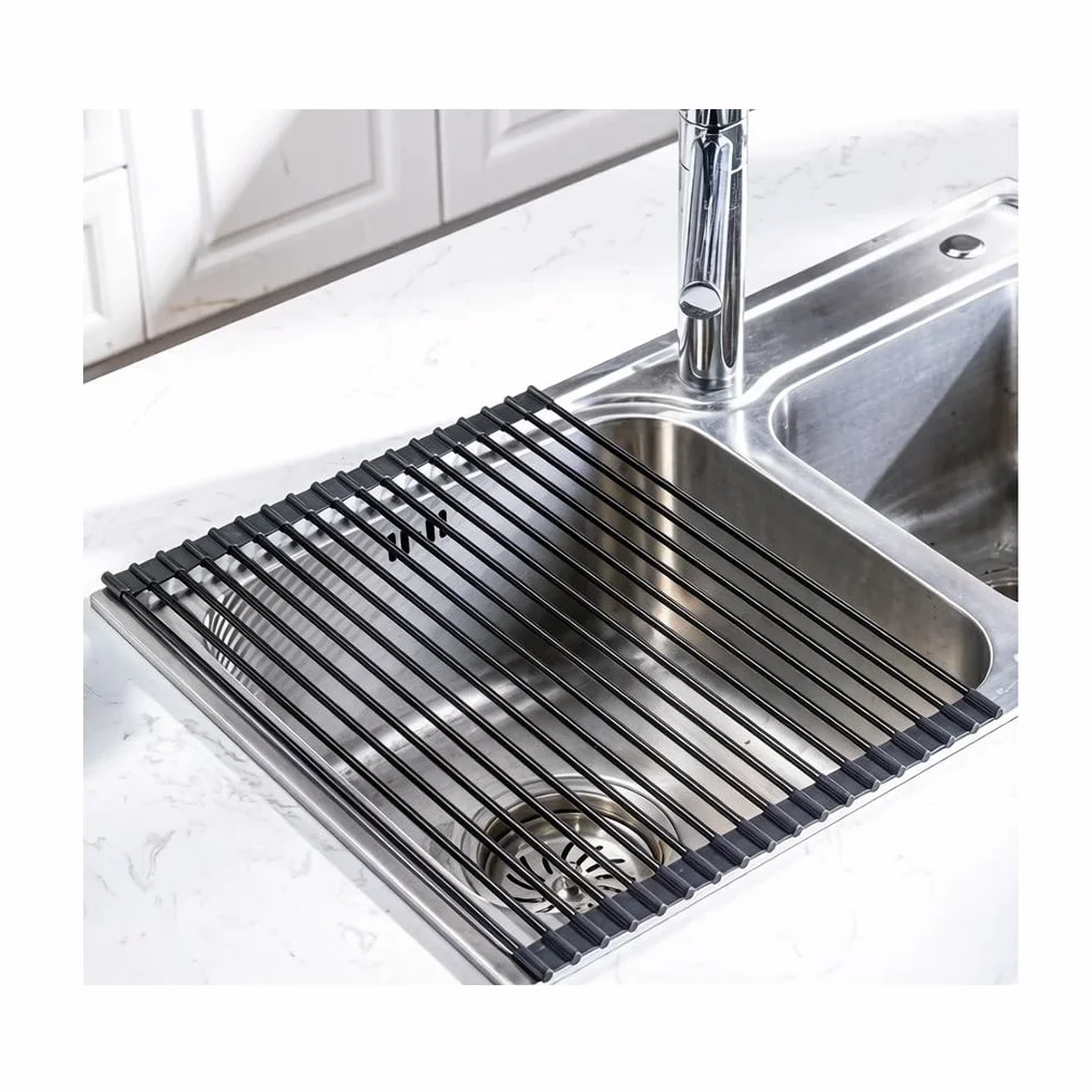 Escurridor de platos enrollable multiusos, escurridor de cocina plegable para colocar sobre el fregadero, barra de acero inoxidable con cubierta de silicona completa, escurridor antideslizante para e