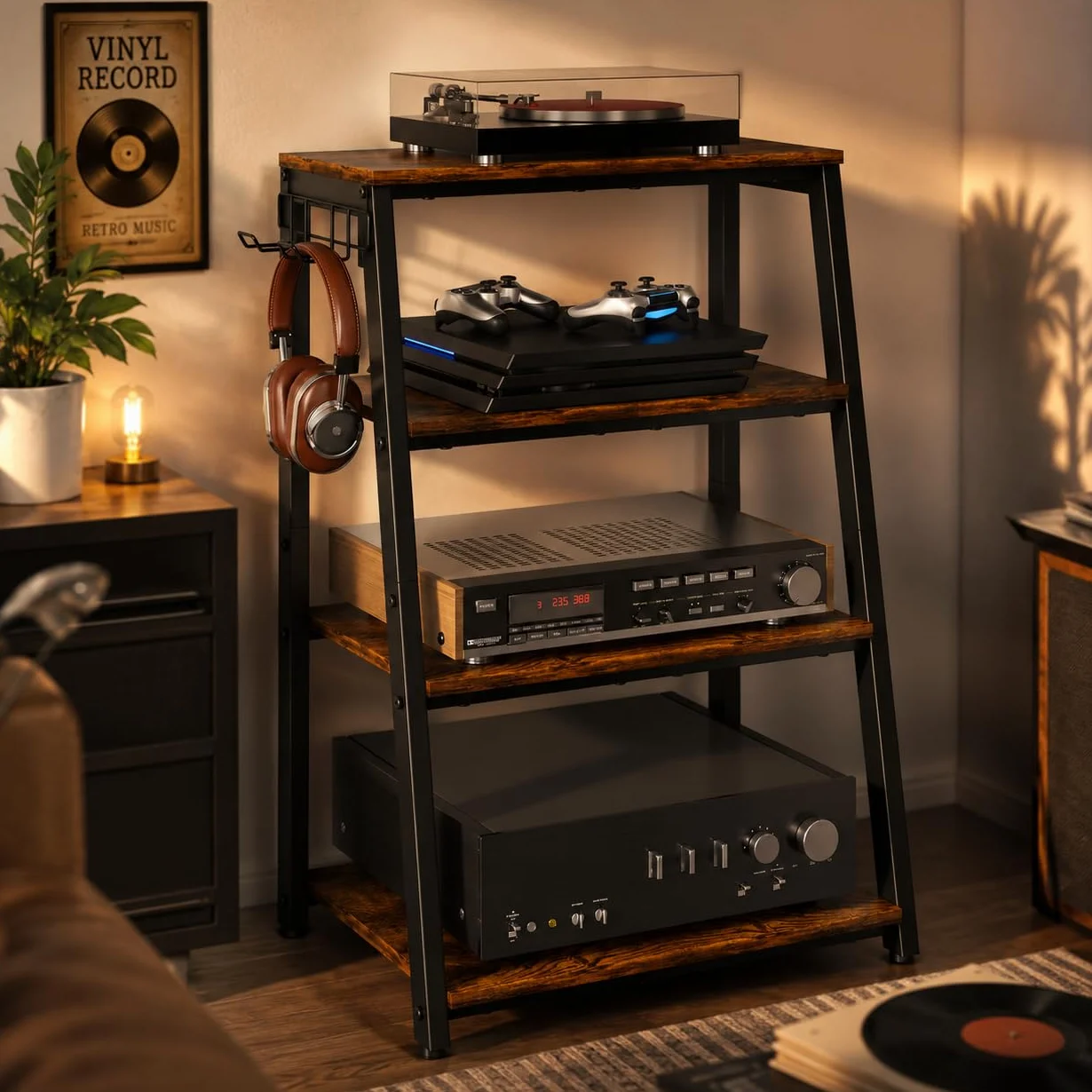 TWSOUL Estante de 4 niveles HiFi, tocadiscos, torre de audio de madera y acero, estantería de madera con estantes abiertos, para tocadiscos, sistemas estéreo y equipos compactos, 48 x 36 x 80 cm