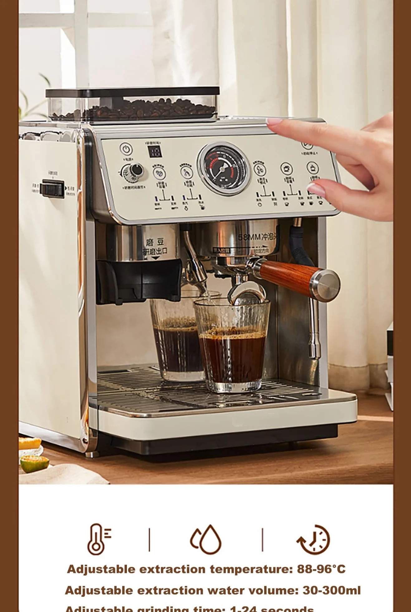 Cafeteras de espresso con molinillo, cafetera de 2200 W con vaporizador de leche, cafetera de acero inoxidable con depósito de agua extraíble de 90 oz for capuchino y latte.