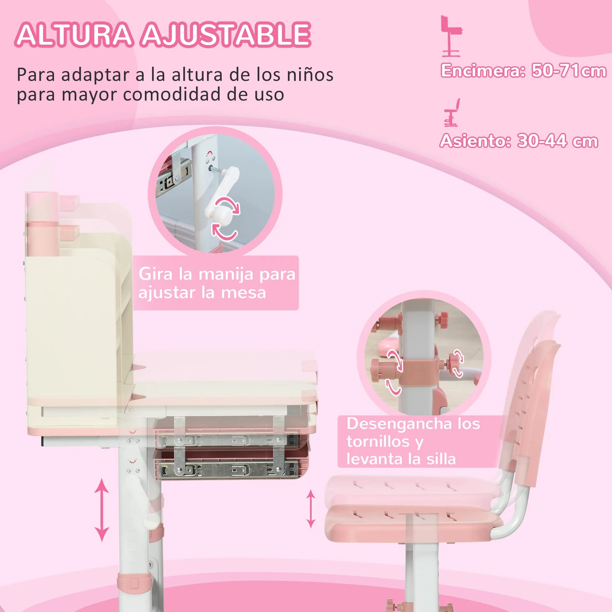 HOMCOM Escritorio y Silla para Niños +3 Años Altura Ajustable Mesa Inclinable Cajón Estantería 80x52x88-109 cm Rosa