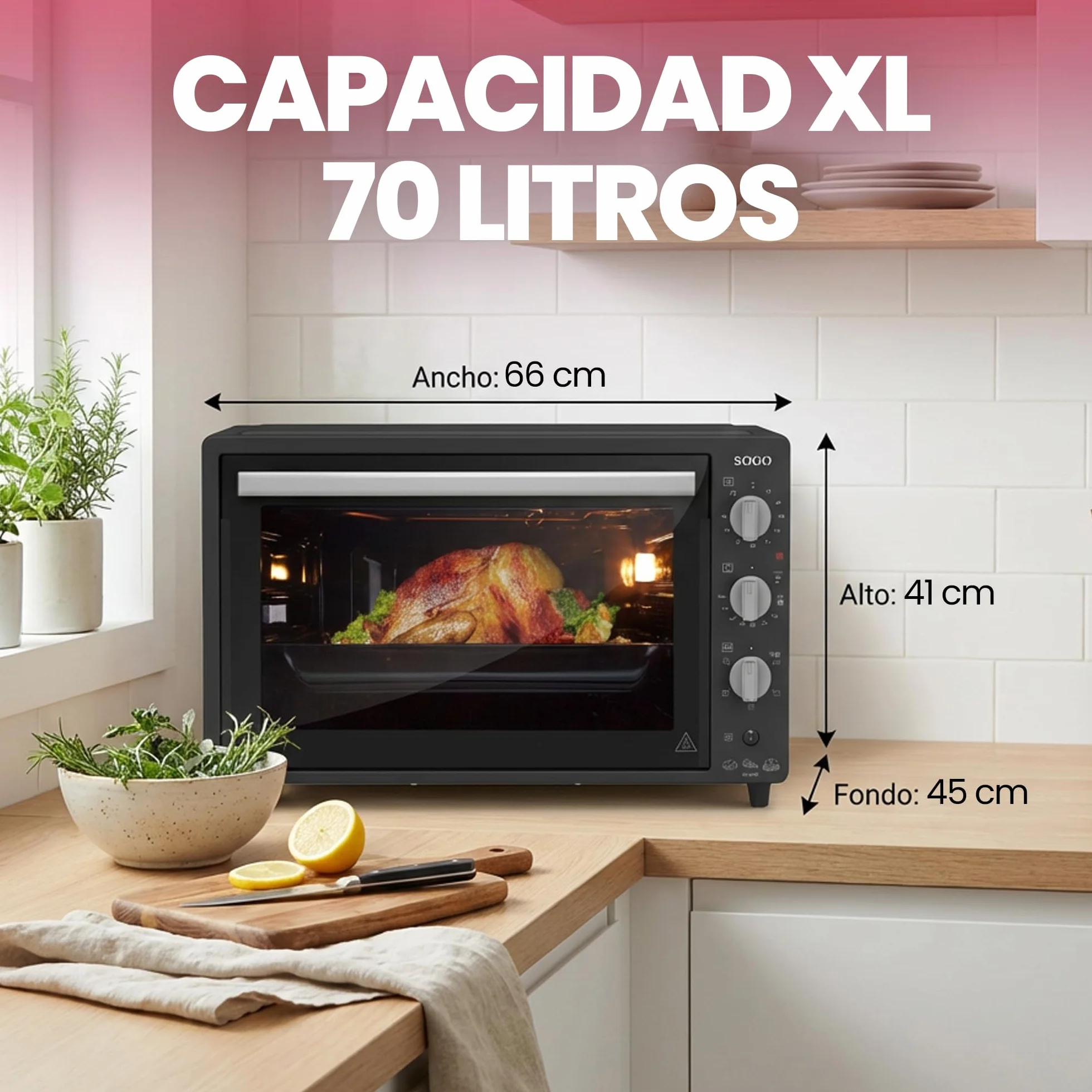 Sogo Horno Sobremesa de Convección 70L - Horno Eléctrico con Rustidor para Asados Jugosos - Horno Multifunción con Gratinador para Recetas Crocantes - Ideal para Cualquier Plato