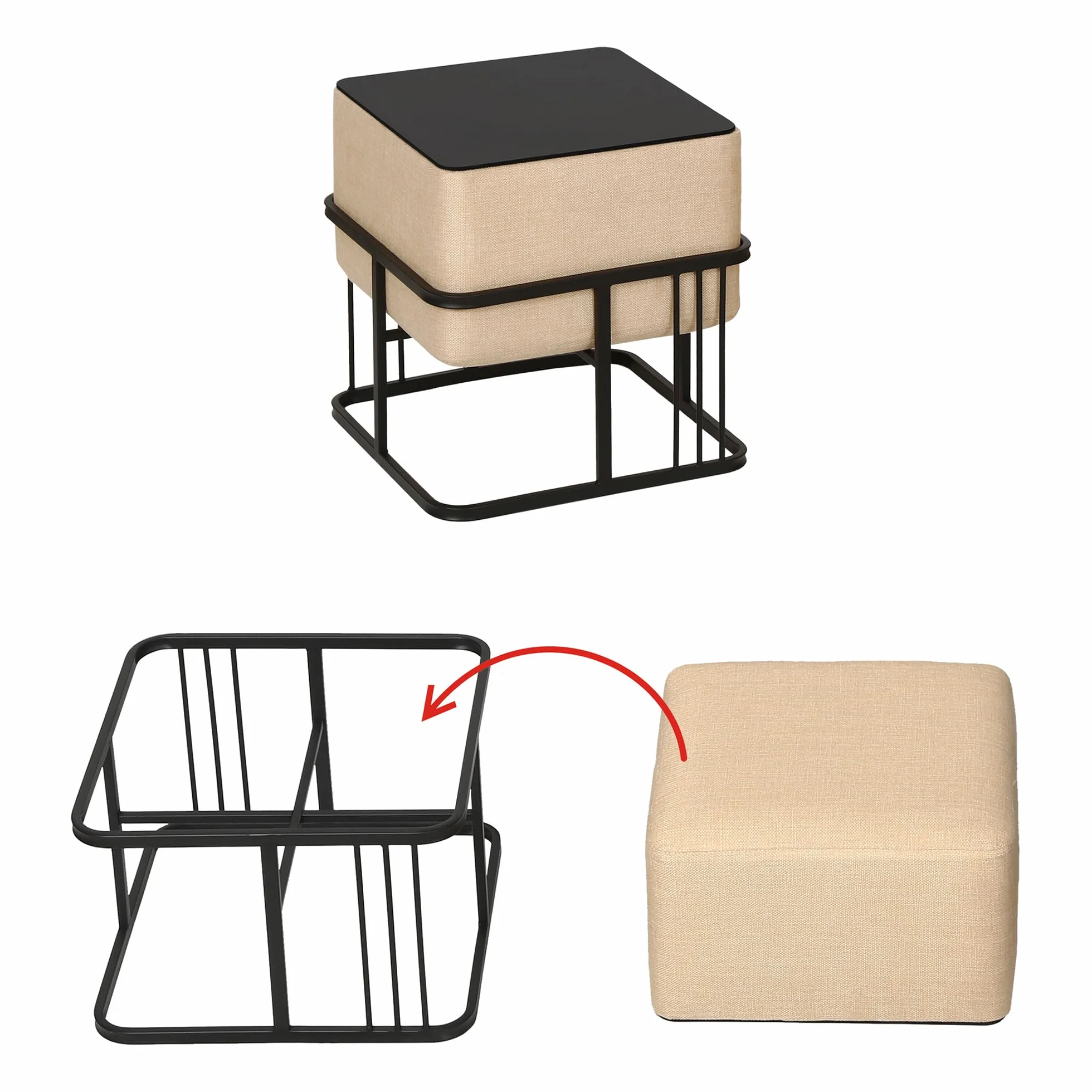 [en.casa] Puff Tas Juego de 2 Taburetes Apilables Reversibles Reposapiés Silla Tocador Diseño 2 en 1 Asiento Acolchado Tablero de Mesa Cuadrado MDF Metal 38x38x38 cm Beige