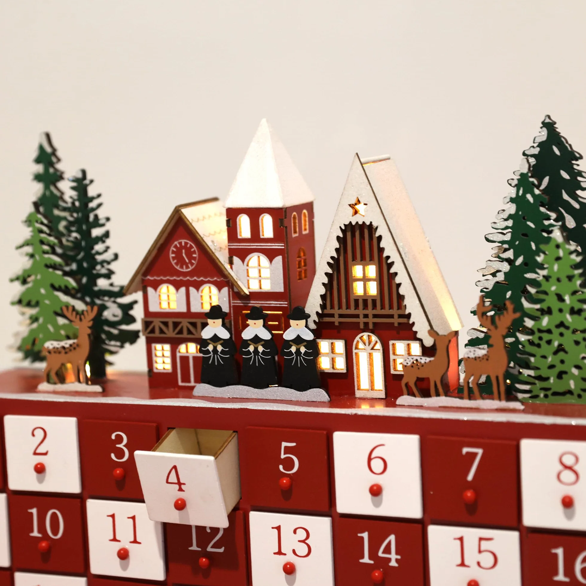 PE Calendario de Adviento de madera de Navidad con luces LED, cuenta regresiva de 24 cajones para Navidad, escena festiva de iglesia con renos y árboles, perfecto para decoración del hogar de