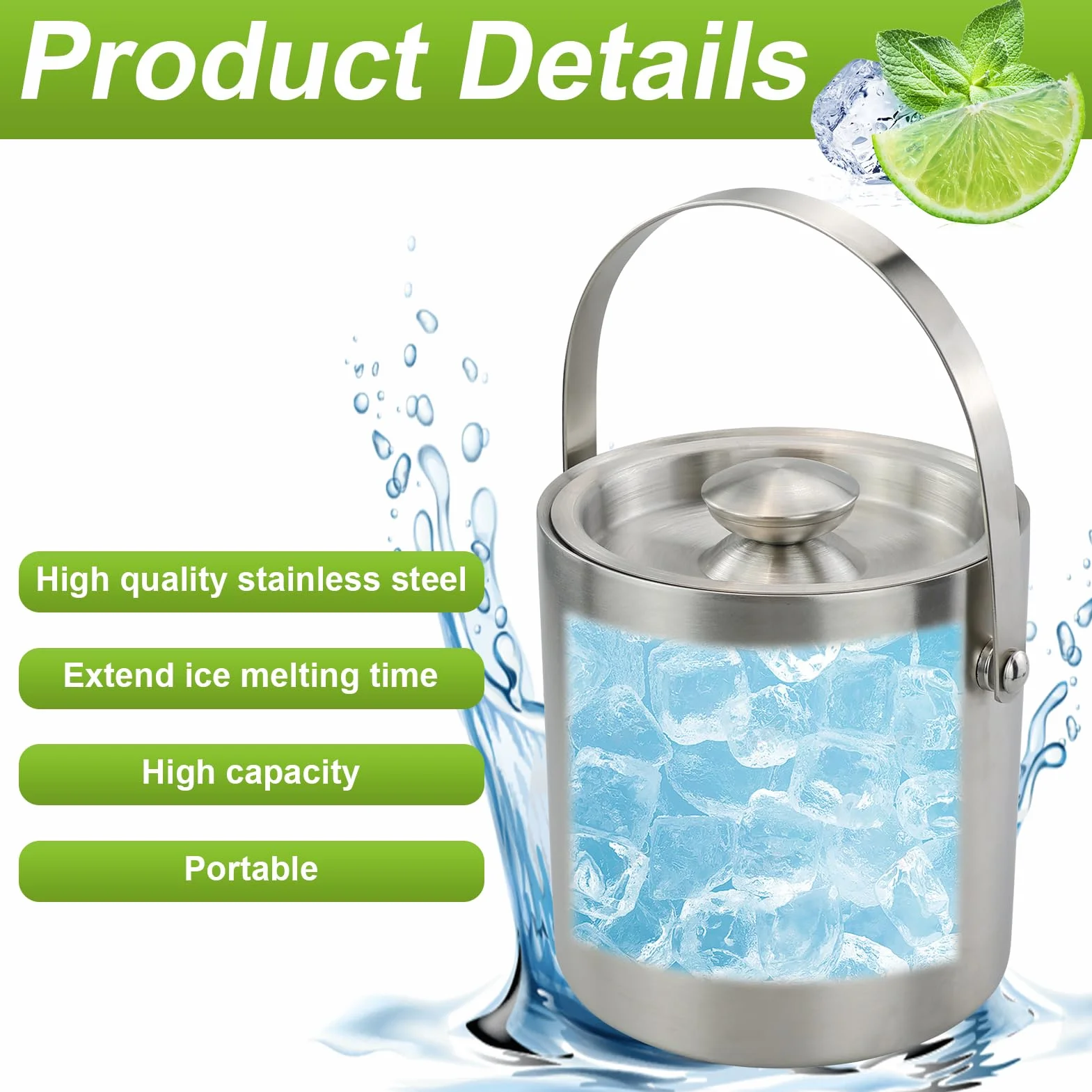 Cubiteras Acero Inoxidable, 2L Cubo de Hielo con Pinza y Tapa, Cubiteras para Hielo con Aislamiento de Doble, para Enfriador
