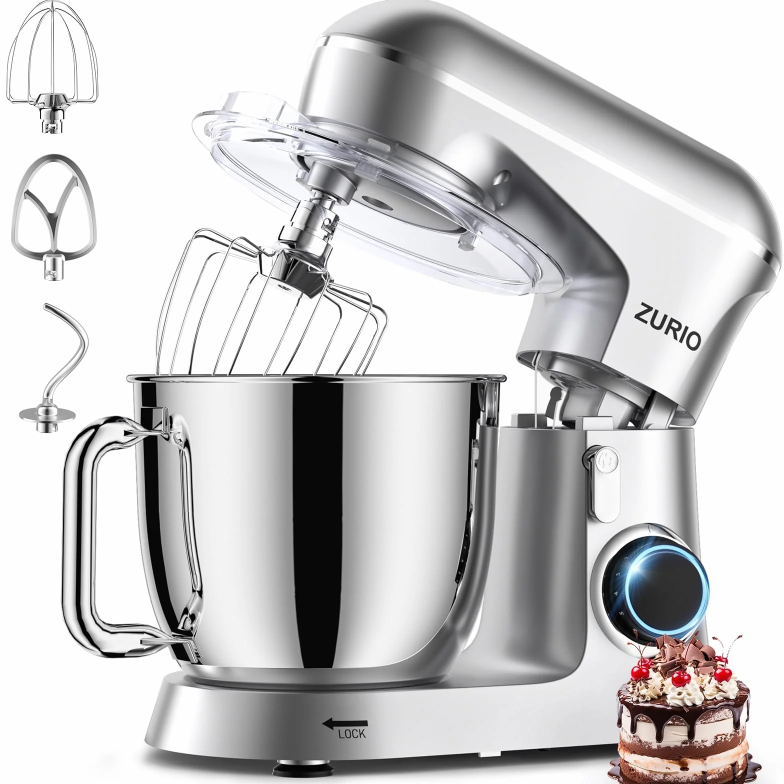 Zurio Batidora Amasadora 1300w, Amasadora de Pan Para Repostería 5.5L, Bol de Acero Inoxidable, Varillas Batidoras, Varillas Amasadoras