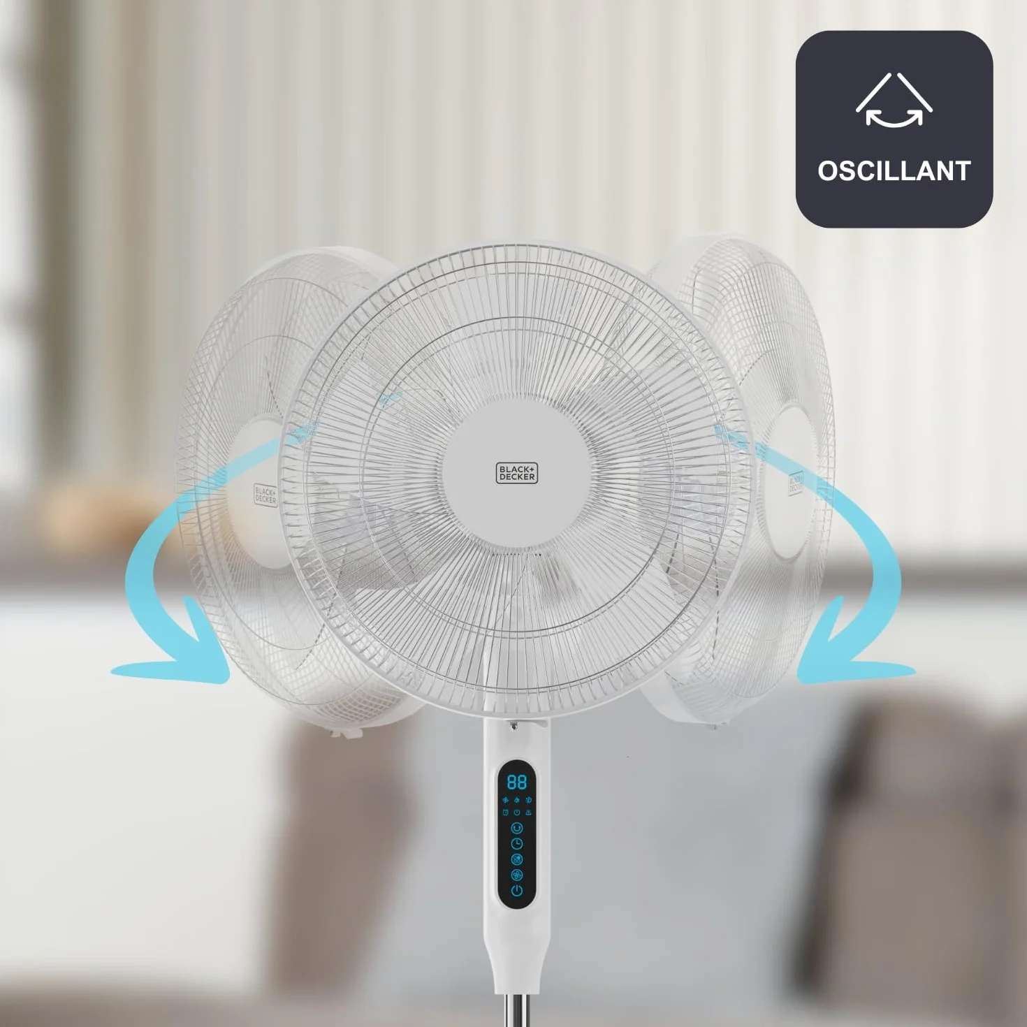 Black+Decker - Ventilador de Pie 30W | 24 Velocidades | Modos Normal, Natural y Noche | Timer 15h | Oscilación Automática | Altura Ajustable 118-138 cm | Pantalla LED | Silencioso | Mando a Distancia