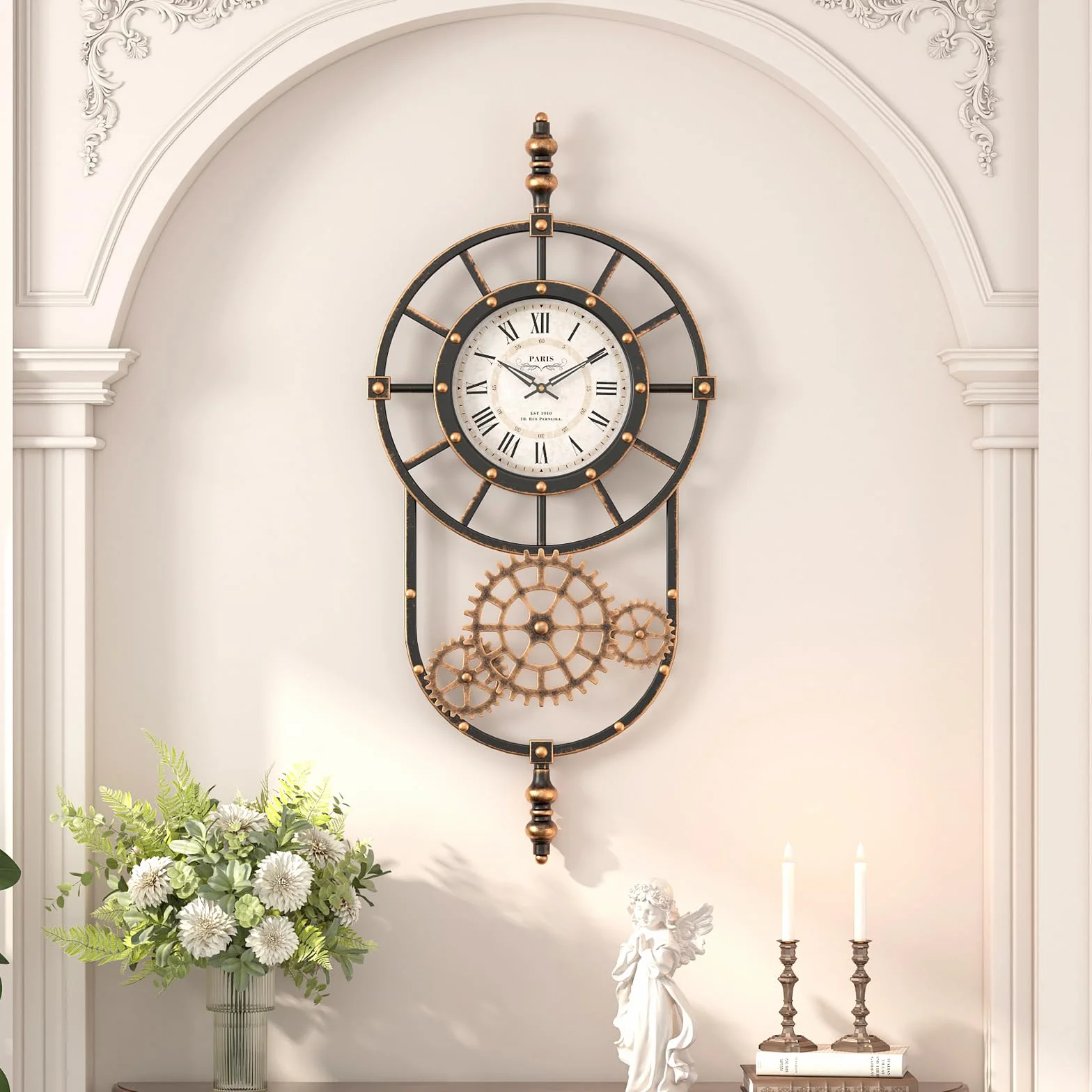 Reloj de pared grande estilo steampunk industrial, decoración vintage, relojes de pared de metal negro dorado antiguo para sala de estar o casa de campo (23 pulgadas de alto x 14 pulgadas de