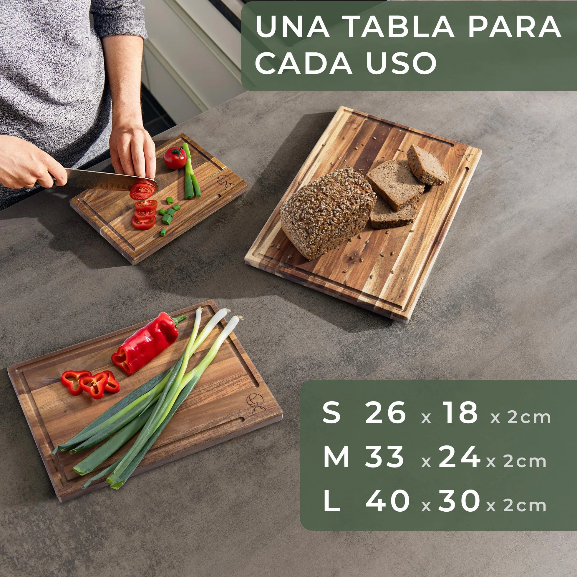 WALDWERK Tablas de Cocina Madera Maciza Acacia Juego 3 Tablas Cortar con Soporte 40x30 cm