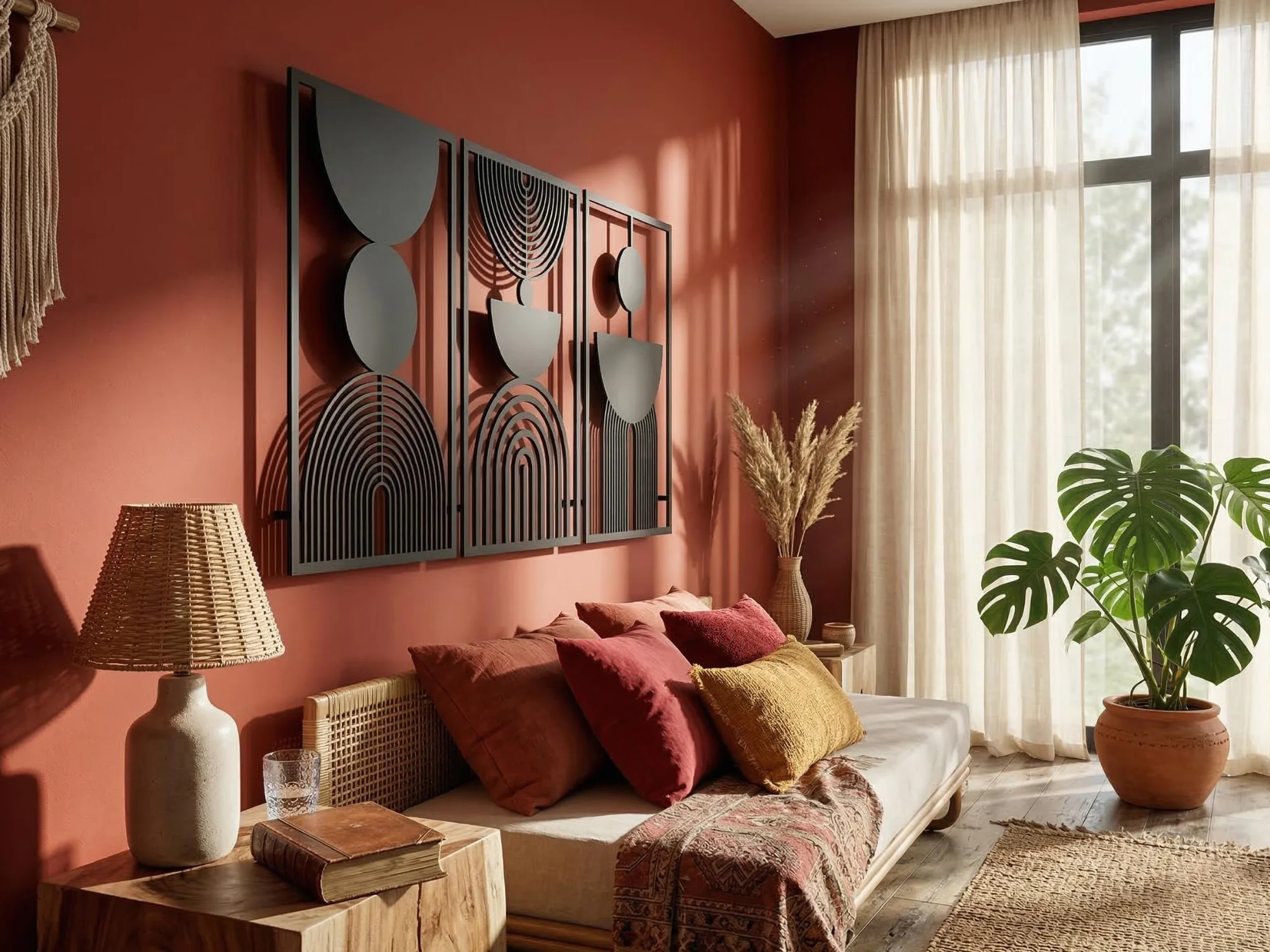 VAILLA - Juego de 3 decoraciones de pared bohemias de madera, decoración de pared geométrica, gran decoración de pared para dormitorio, sala de estar (Boho 15)
