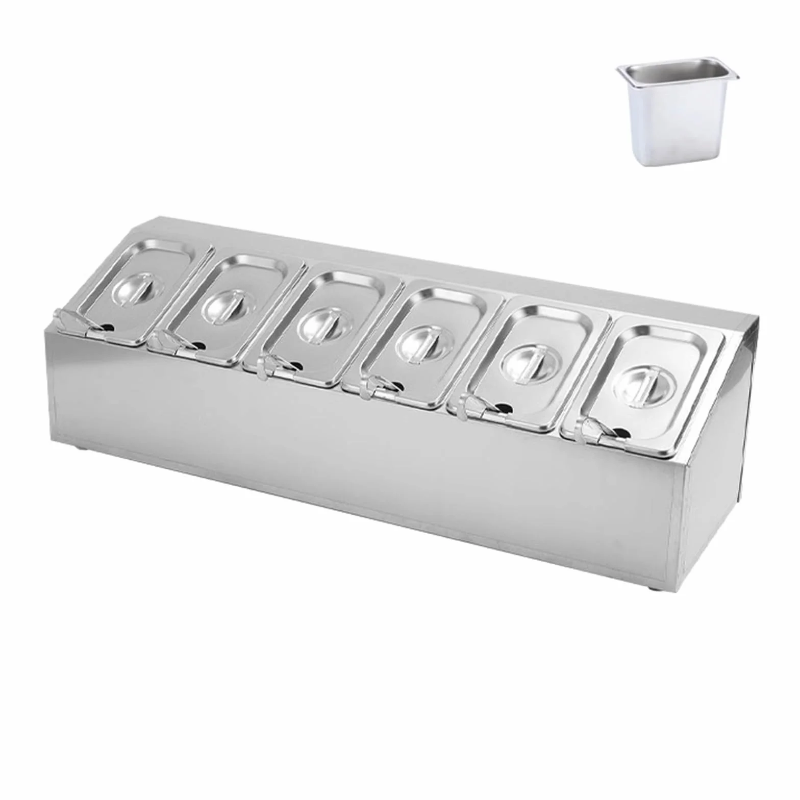 Caja de condimentos de acero inoxidable, estación de cobertura de pizza con sartenes y tapas, dispensador de especias inclinado de acero inoxidable, estante de especias, condimento, salsa