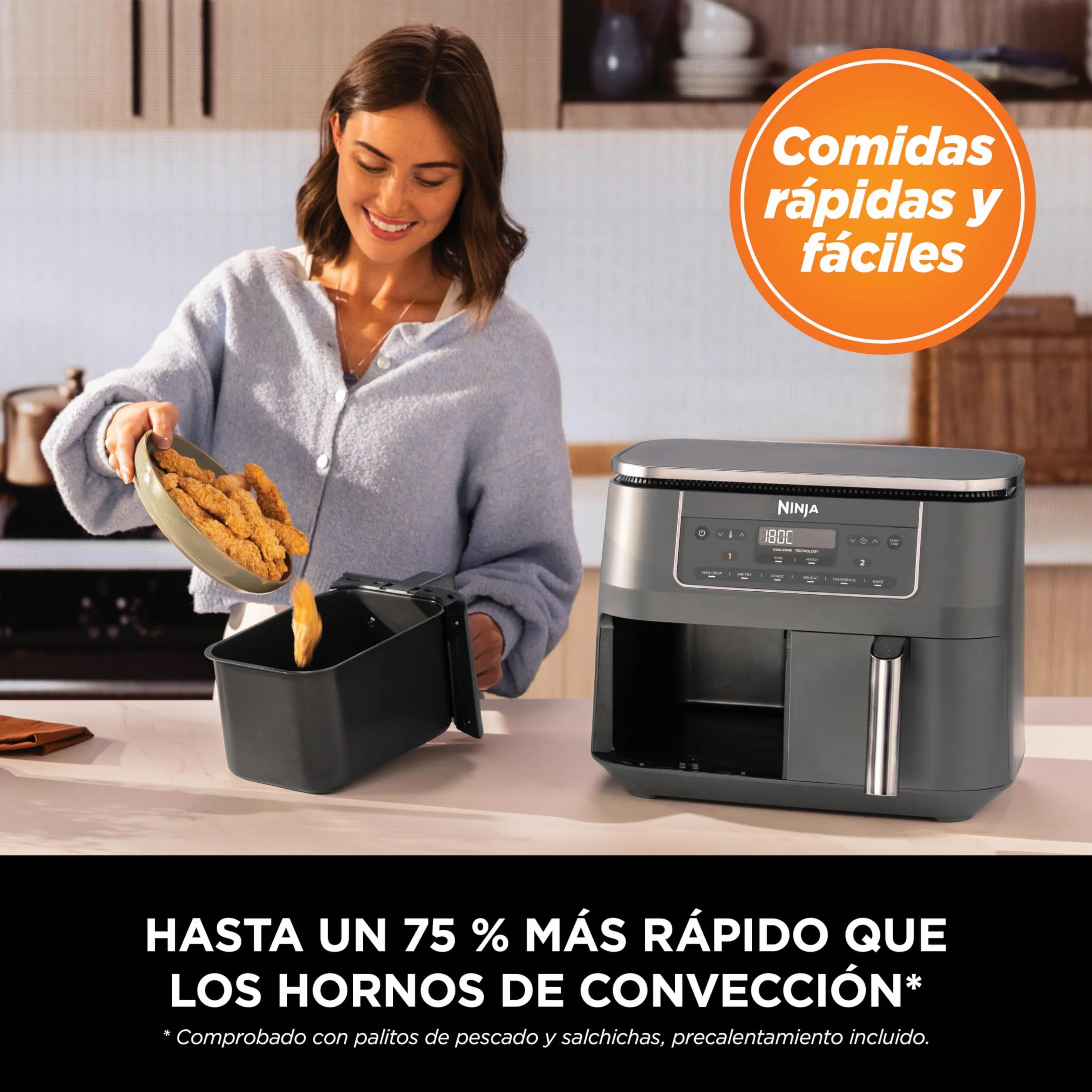 Ninja Freidora de aire con compartimento doble, 2 cajones, 7,6 l, 6 en 1, sin aceite, fríe con aire, gratina, asa, hornea, recalienta, deshidrata, cestas antiadherentes, gris metalizado DZ300EU
