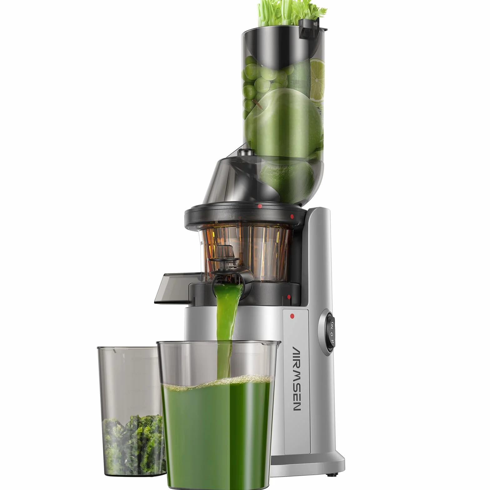 AIRMSEN Extractor de Zumos y Verduras, 82MM Apertura Extractor de Jugo para Verduras y Frutas Enteras, Licuadora Prensado en Frío Slow Juicer Sin BPA, Fácil de Instalar, 150W (Plata)
