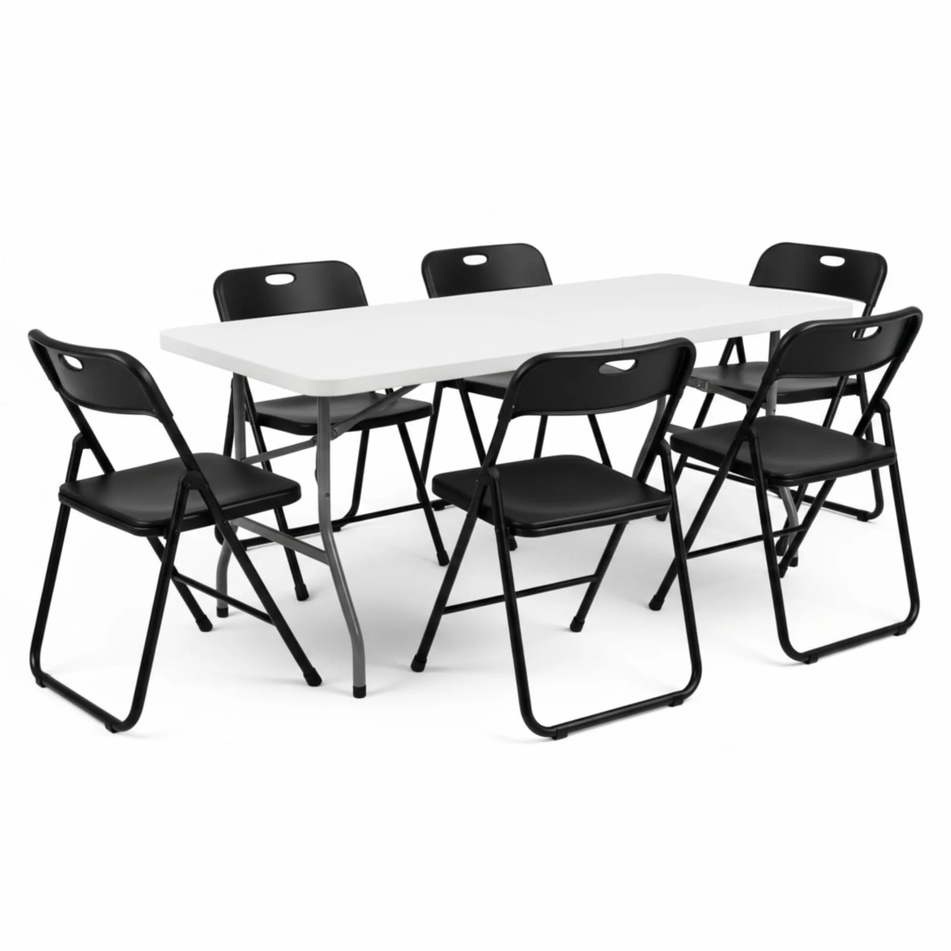 Pack Mesa Plegable 180 cm + 6 Sillas Negras Plegables - Conjunto Mobiliario Multiusos - Estructura Hierro Reforzado - Ideal Formación, Catering y Oficinas - Pack para Eventos Profesional