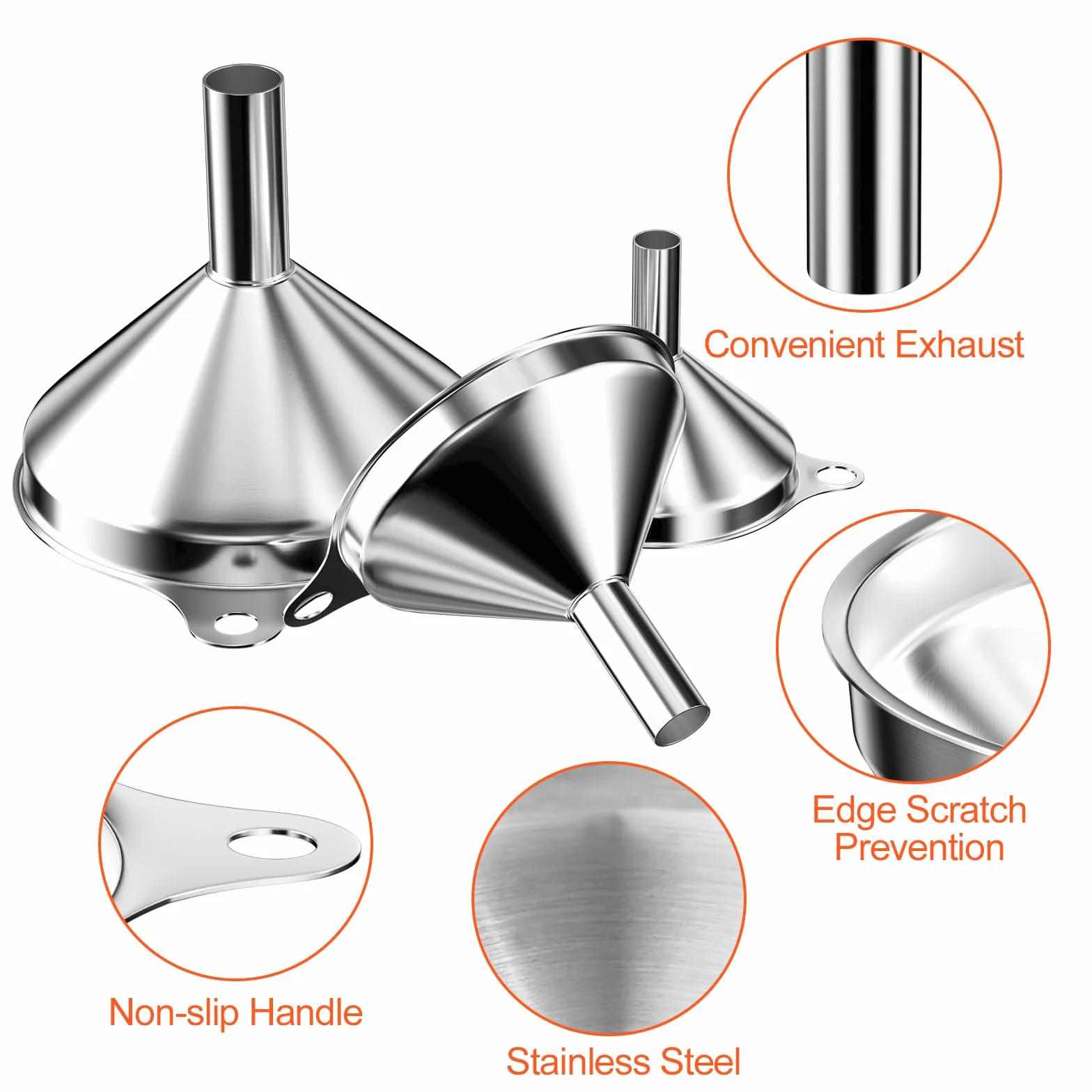 Newpop Set de Embudos de Cocina de Acero Inoxidable 3 Tamaños 4.5/5.5/7.5cm con Cepillo de Limpieza