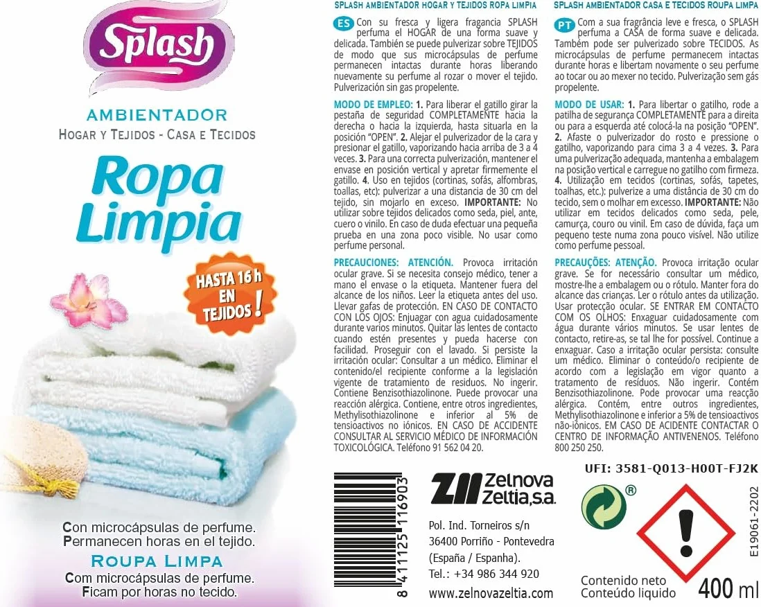 Ambientador Pulverizador Hogar Tejidos Fragancia Fresca Ropa Limpia Microcápsulas de Perfume 400 ml