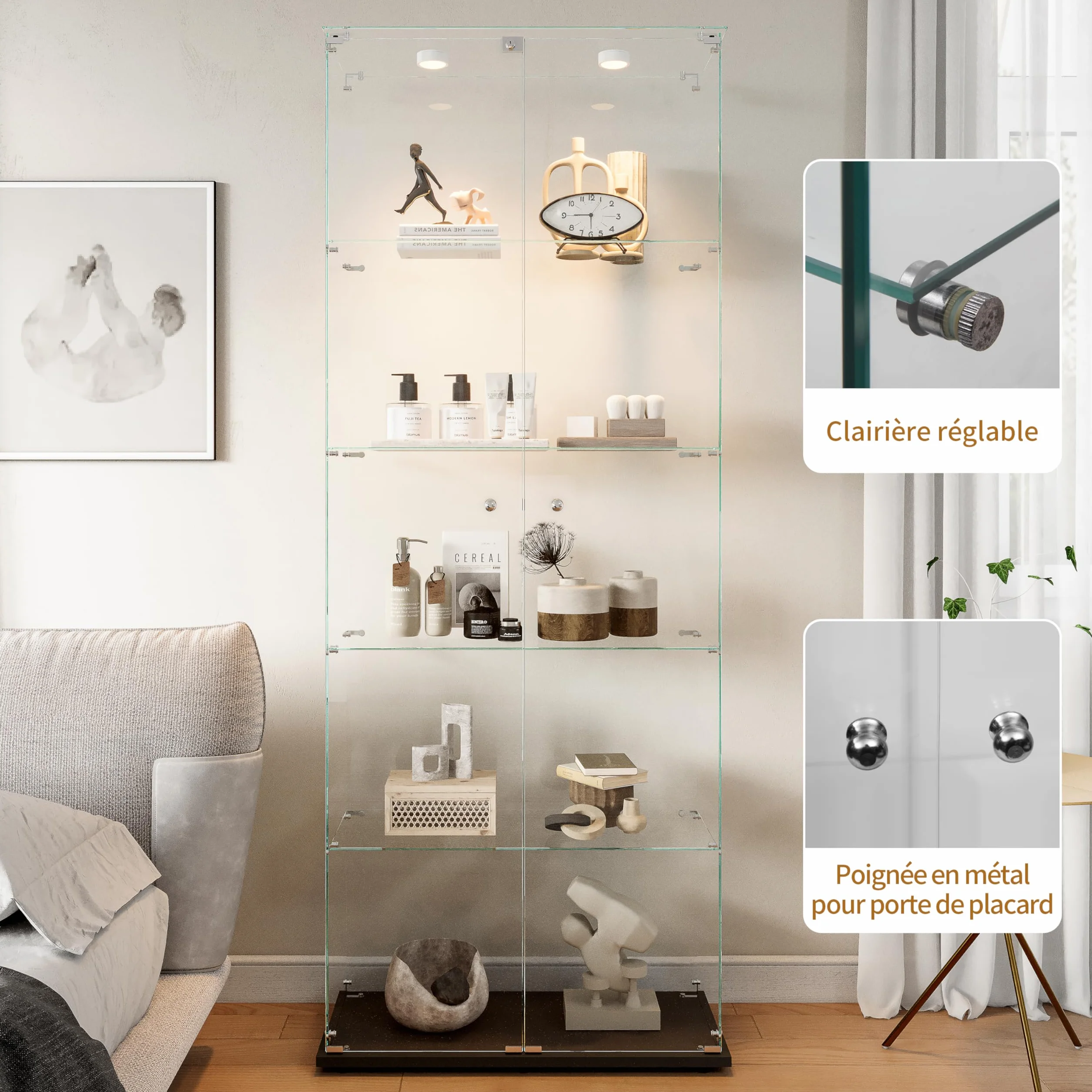 Vitrina de cristal con 2 puertas 5 estantería, mueble vitrina de cristal LED con cerradura, armario de cristal, vitrina de cristal con portavitrinas a pie para colecciónescaparate columna