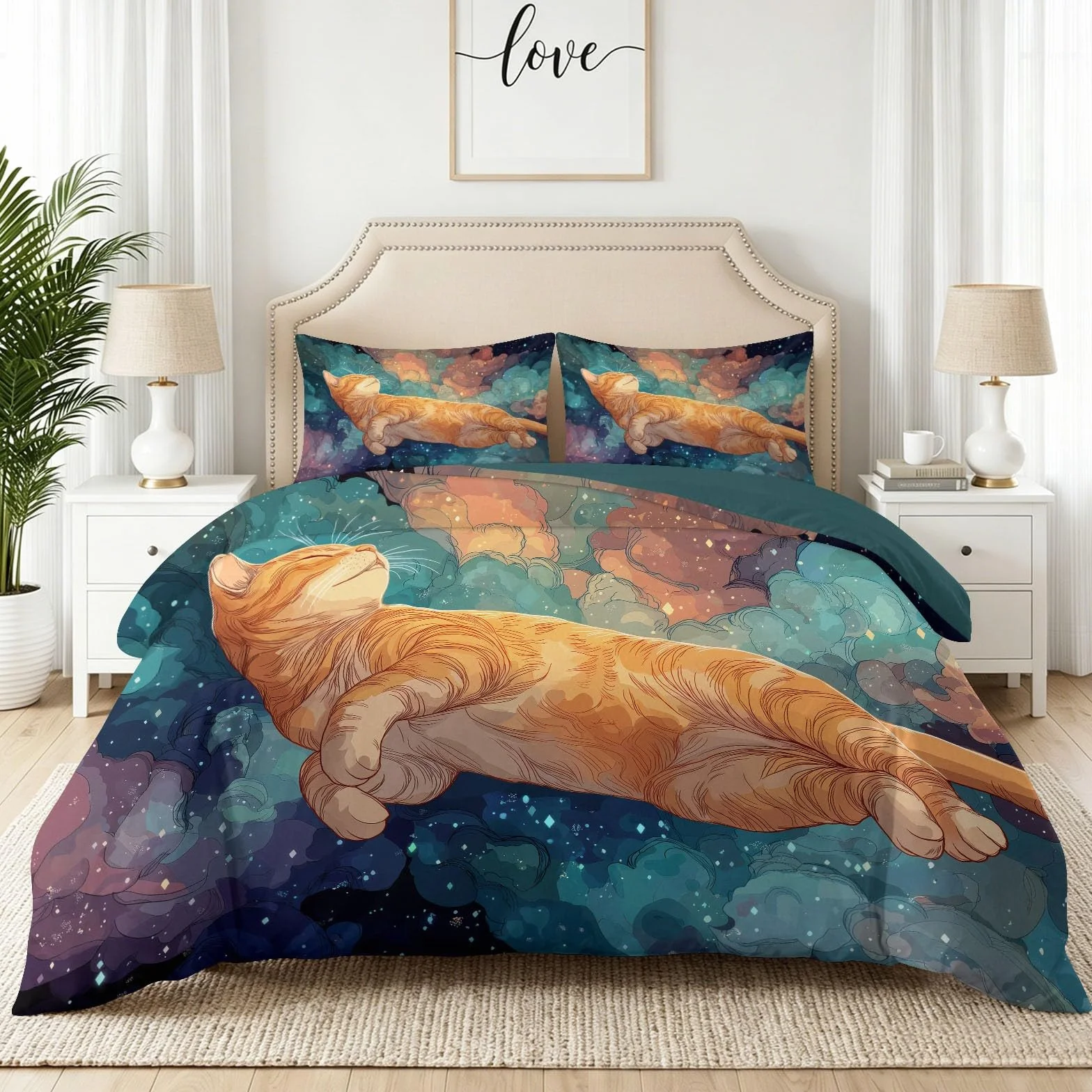 Cosmic Dreamy Starry - Juego de funda de edredón y funda de almohada, diseño de gato atigrado nube, microfibra suave, 230 x 220 cm, reversible, hipoalergénica, para niños y niñas, fácil cuidado, sin