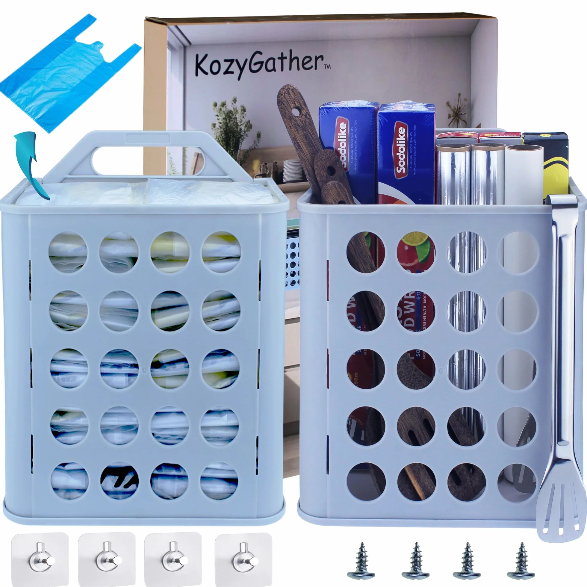 Soporte para bolsas de plástico (2 juegos/paquete) Soporte para bolsas de comestibles, bueno para guardar bolsas de plástico debajo del fregadero, organizador de calcetines montado en la pared que