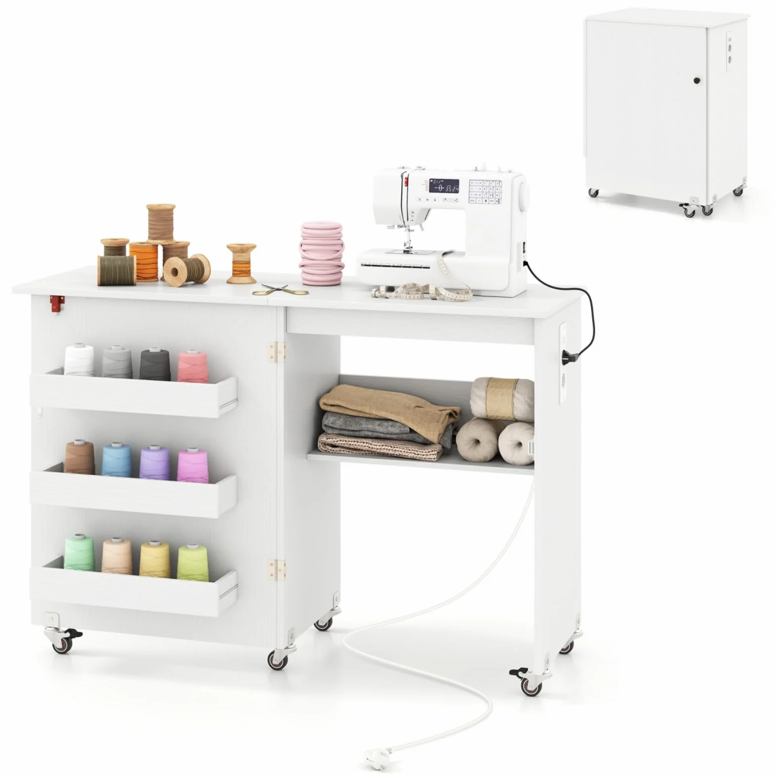 LIFEZEAL Mesa de Coser Plegable con Base de Carga, Armario de Máquina de Coser Móvil con Estante y Cajones, Armario de Costura Multifuncional con Ruedas para el Hogar y la Oficina (Blanco)