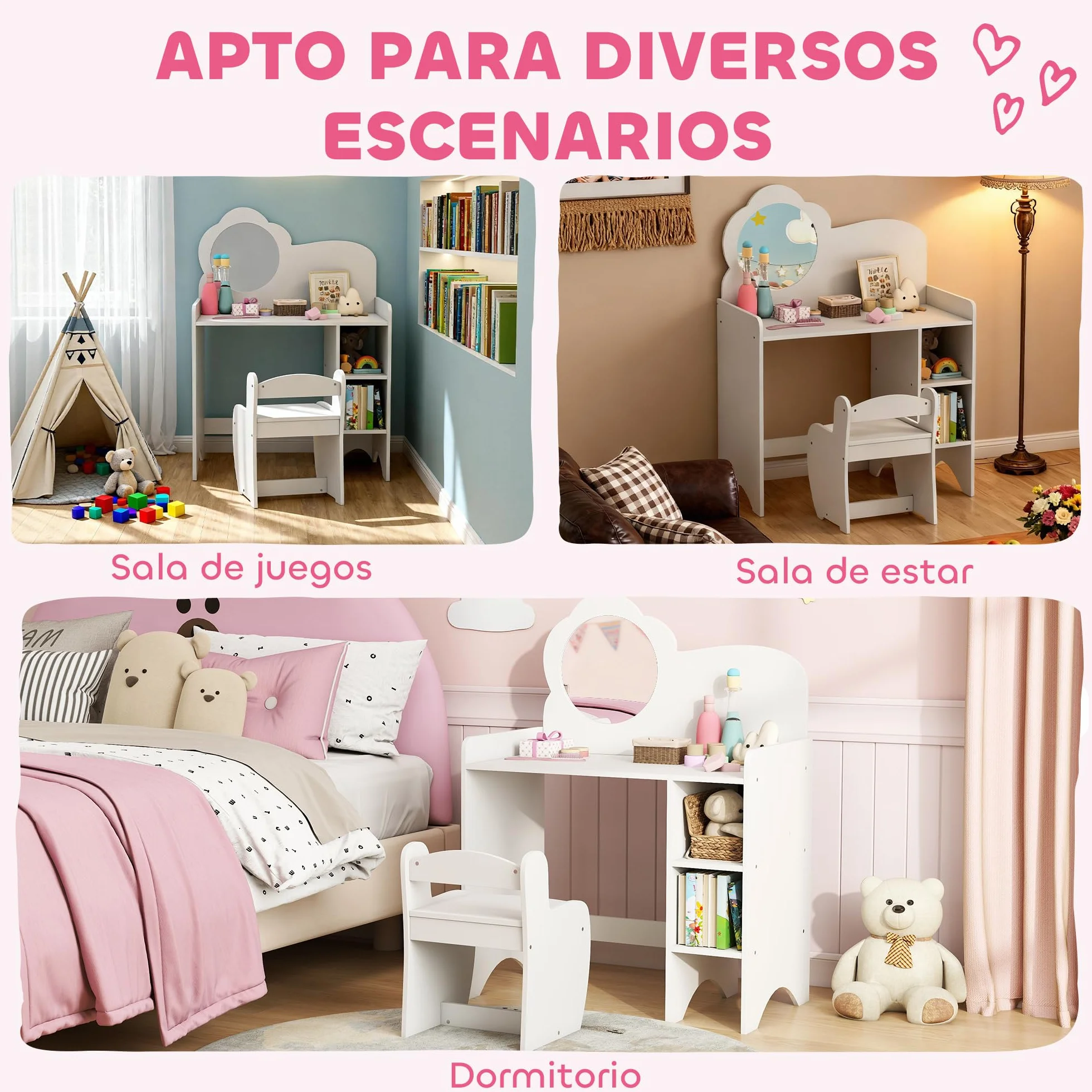 AIYAPLAY Tocador de Maquillaje Niña 2 en 1 Escritorio con Taburete Espejo Flor Estantes Abiertos Blanco
