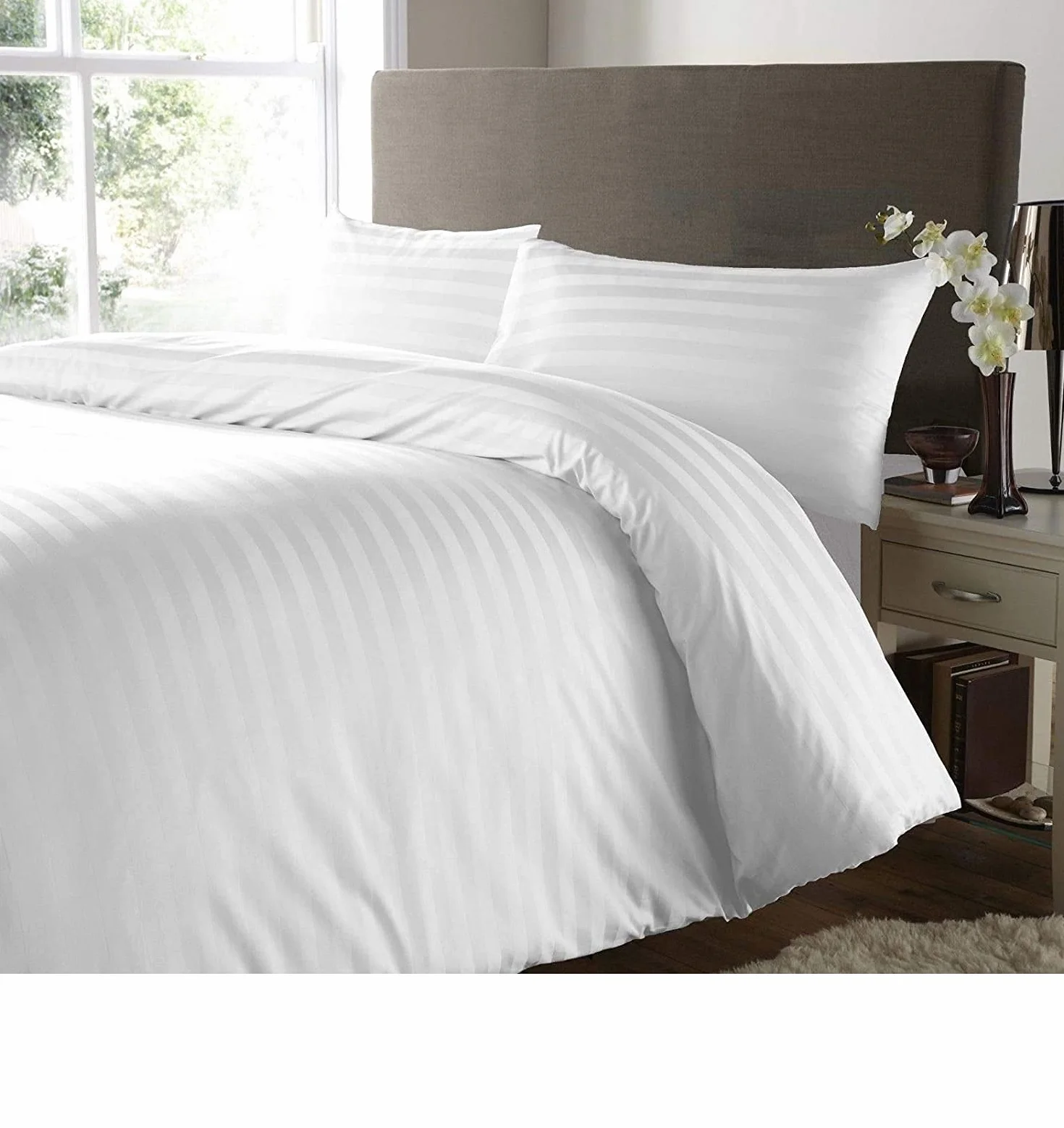 RAYYAN LINEN Juego de funda de edredón de satén a rayas, 100 % algodón egipcio de 400 hilos, calidad de hotel de lujo, con fundas de almohada (blanco, tamaño Super King)