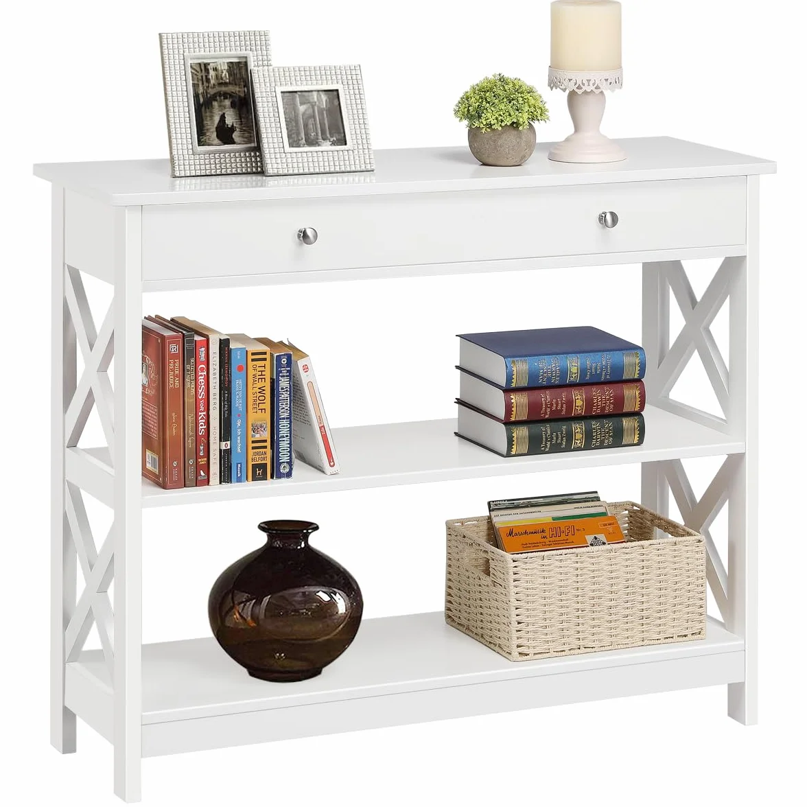 Yaheetech Mesa Consola Recibidor Mueble de Entrada Estrecha Clásica con Cajon Grande Mesa Auxiliar para Pasillo Comedor Blanco 100x30x80cm