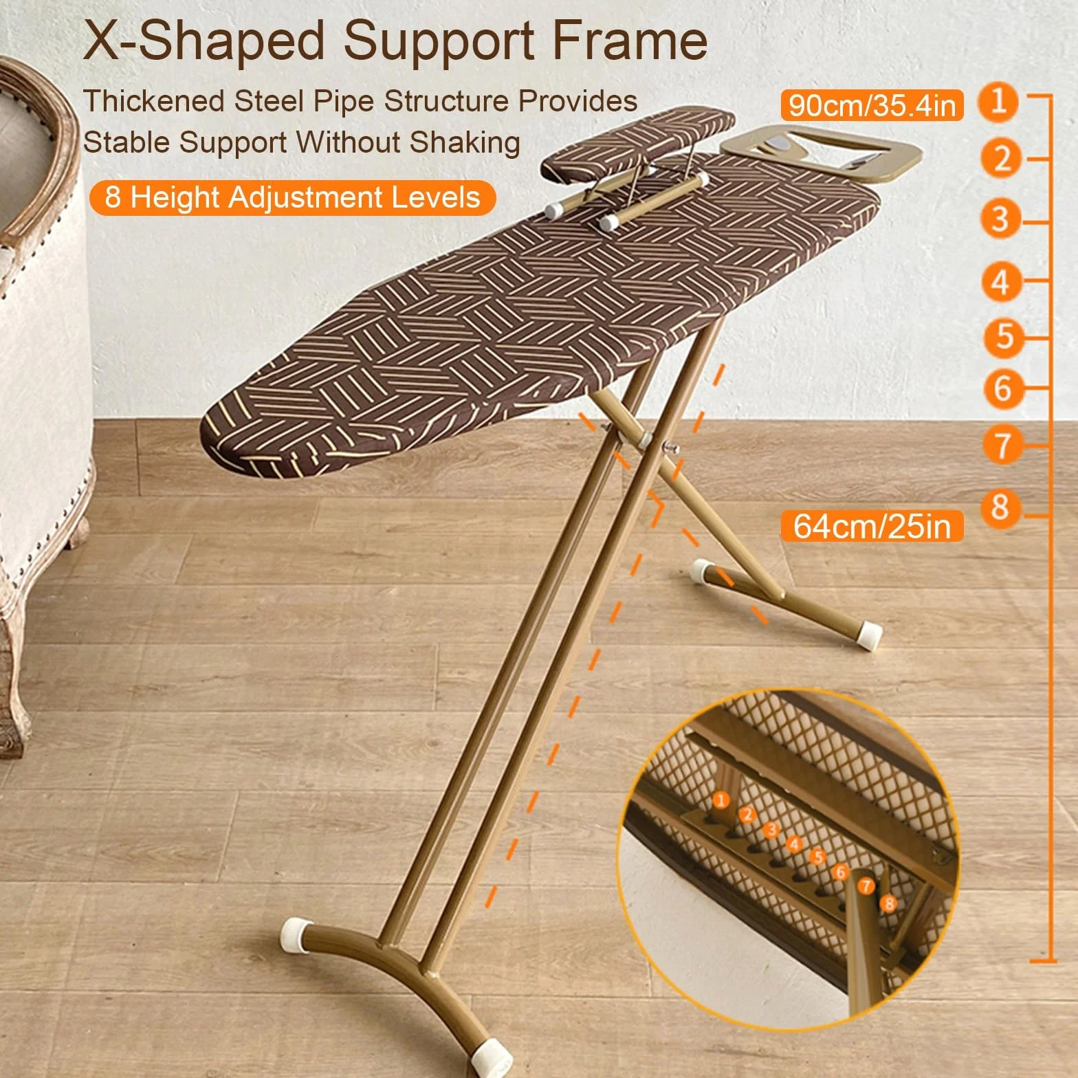 Tabla de Planchar Plegable de 8 Alturas Ajustables, Mesa de Planchar Grande de Pie con Soporte para Plancha y Soporte para Mangas, Compacta y Ahorra Espacio