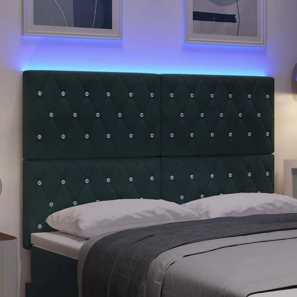 Cabecero de cama LED de 144 cm, color verde oscuro, RGB, altura regulable, 118/128 cm, madera maciza de pino tapizado, panel de pared para jóvenes y adultos