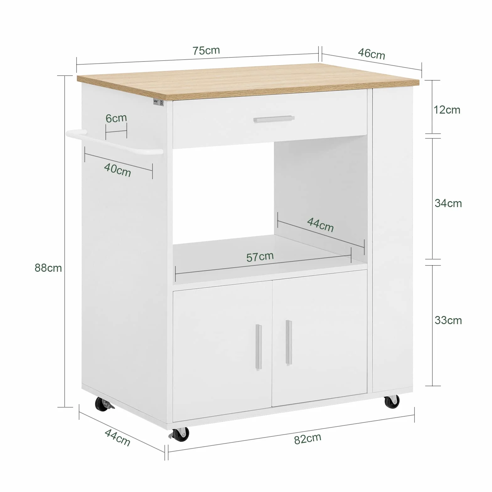 SoBuy Carrito Auxiliar con Ruedas Mueble Auxiliar de Cocina Carro Cocina con Estantes Laterales Cajón Puertas y Toallero Mesa Auxiliar Cocina Blanco 82x46x88 cm FKW113-WN