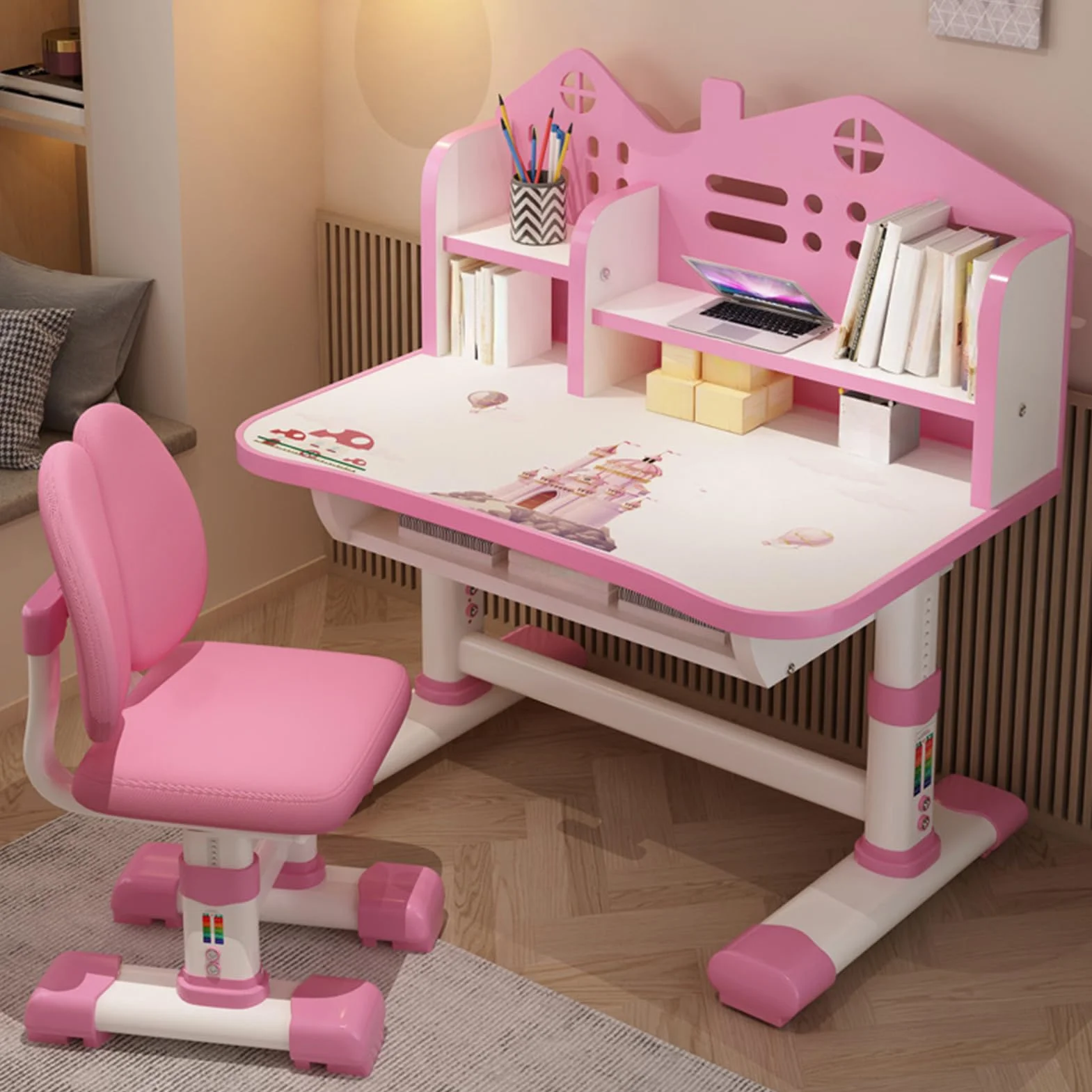 Escritorio de Estudio para Niños y Niñas con Silla Rosa Ajustable y Almacenamiento