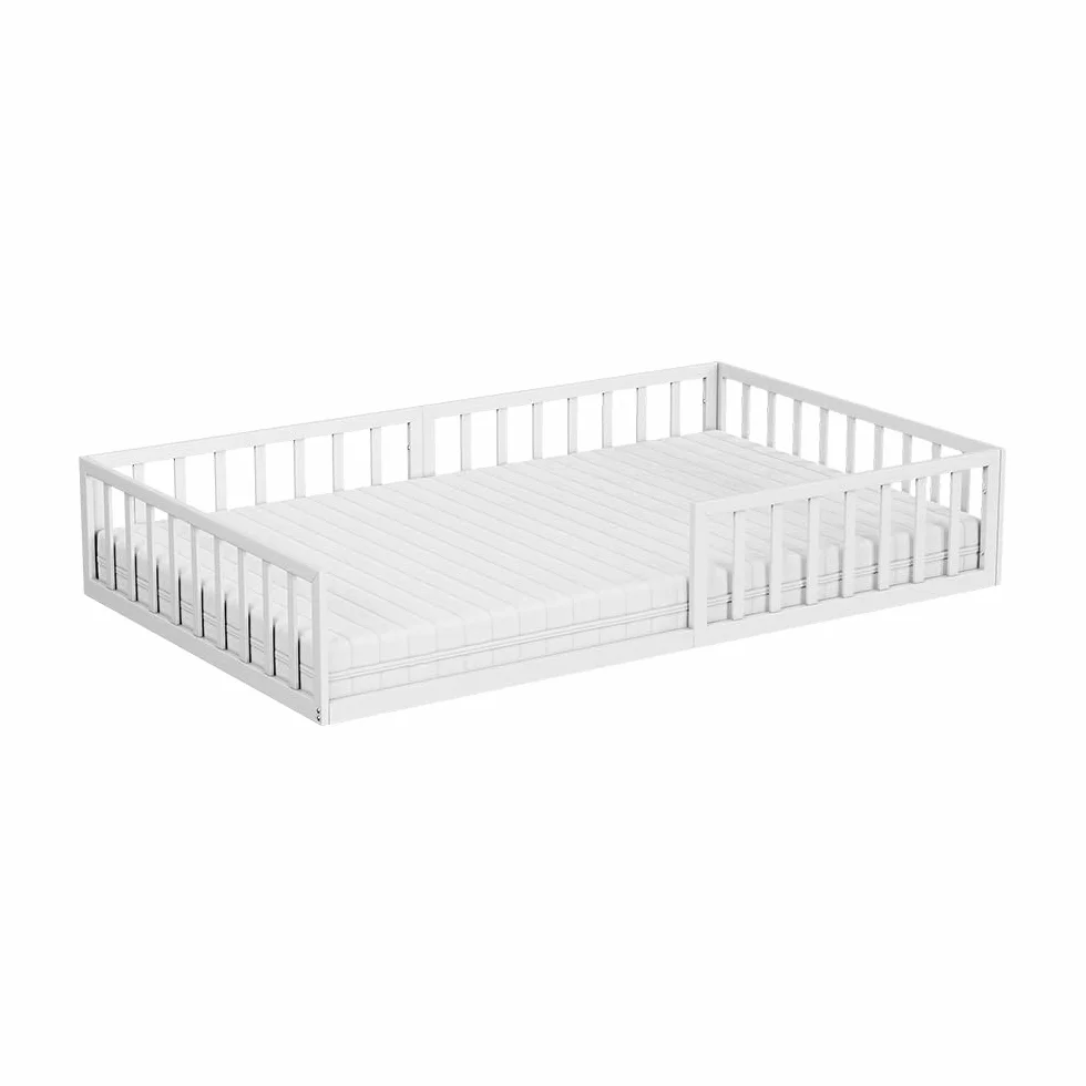 VitaliSpa Cama Baja Minno 120x200 cm, Cama Infantil Montessori de Metal con Barrera de Seguridad y colchón, Blanco