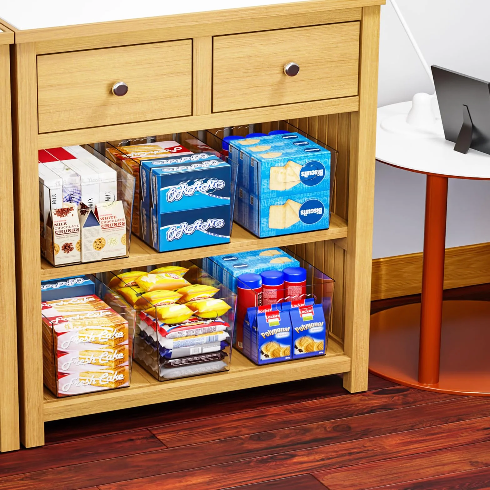Paquete de 6 contenedores de plástico transparente para organizar, con asa, contenedores organizadores grandes de despensa de 11 pulgadas para estantes, aperitivos, alimentos o suministros de limpieza