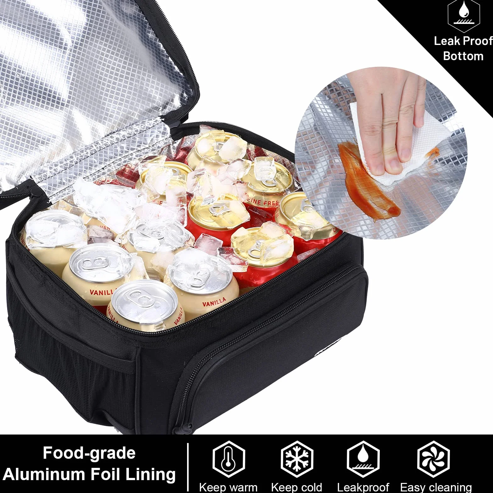 MIER Bolsa de almuerzo con doble compartimento para hombres y mujeres, bolsa térmica aislada a prueba de fugas, color negro